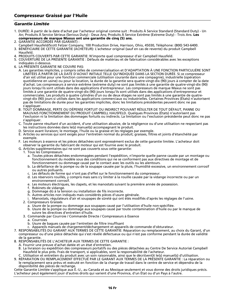 Compresseur graissé par l'huile | Campbell Hausfeld Air Compressor User Manual | Page 16 / 24