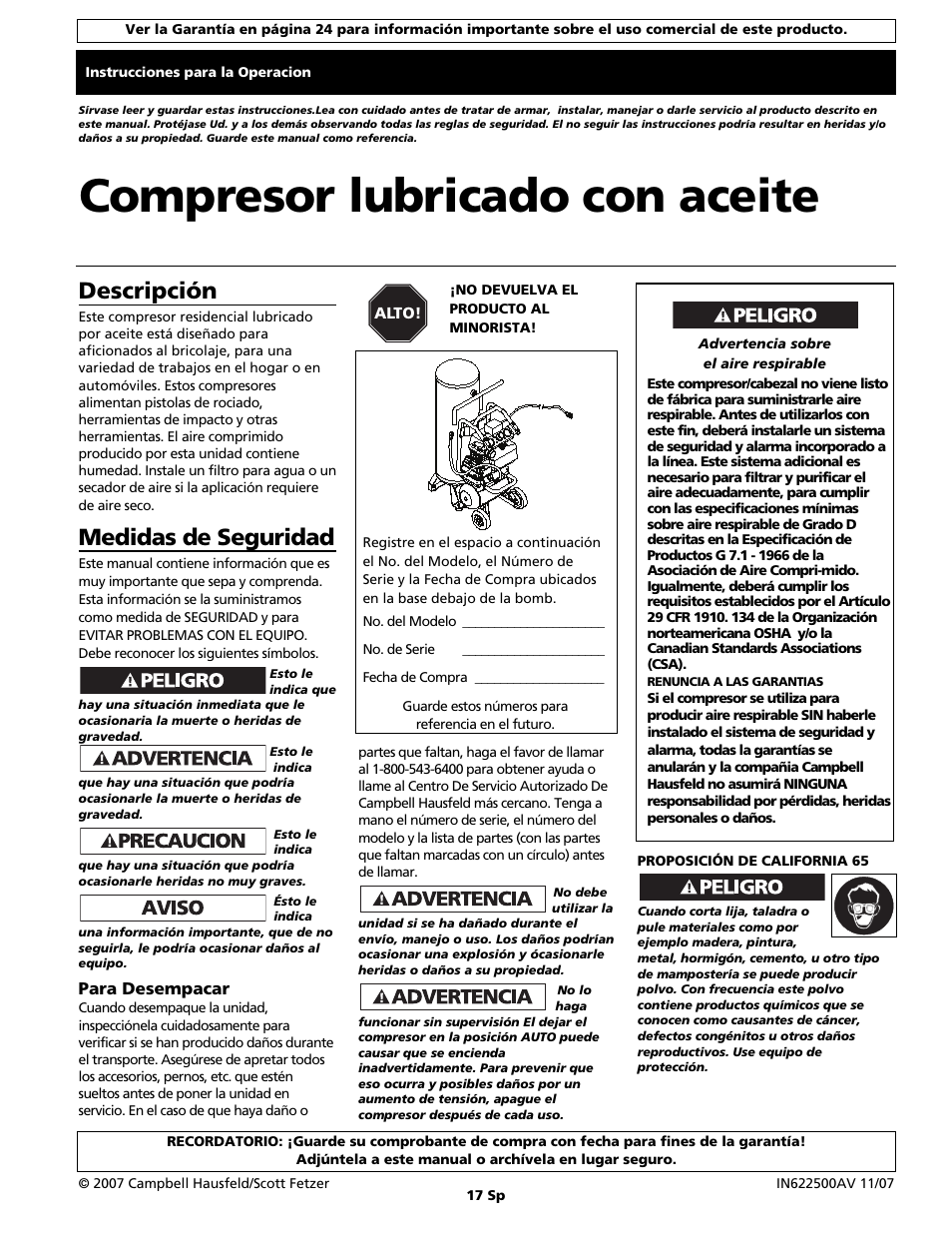 Compresor lubricado con aceite, Descripción, Medidas de seguridad | Campbell Hausfeld Air Compressor User Manual | Page 17 / 24