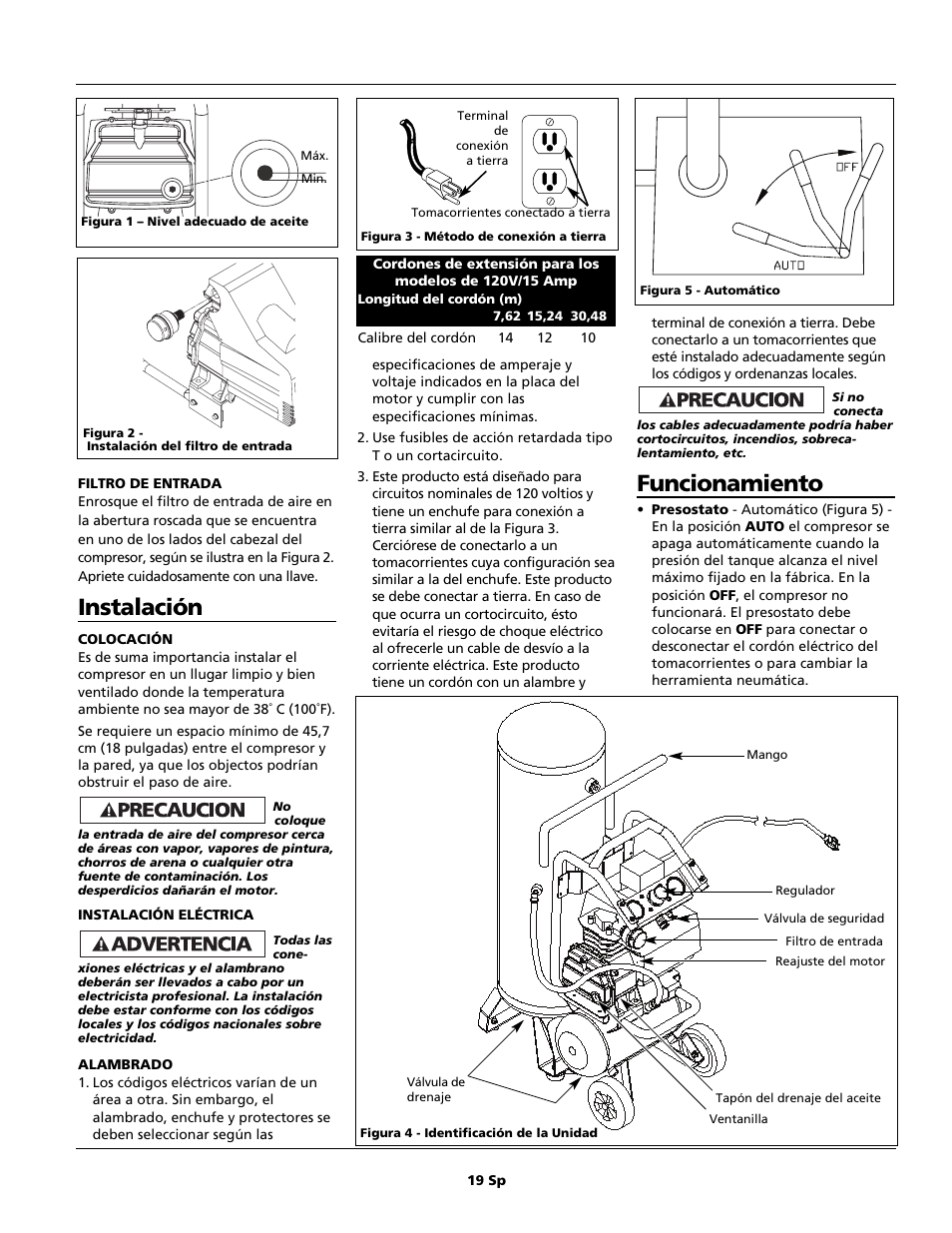 Instalación, Funcionamiento | Campbell Hausfeld Air Compressor User Manual | Page 19 / 24