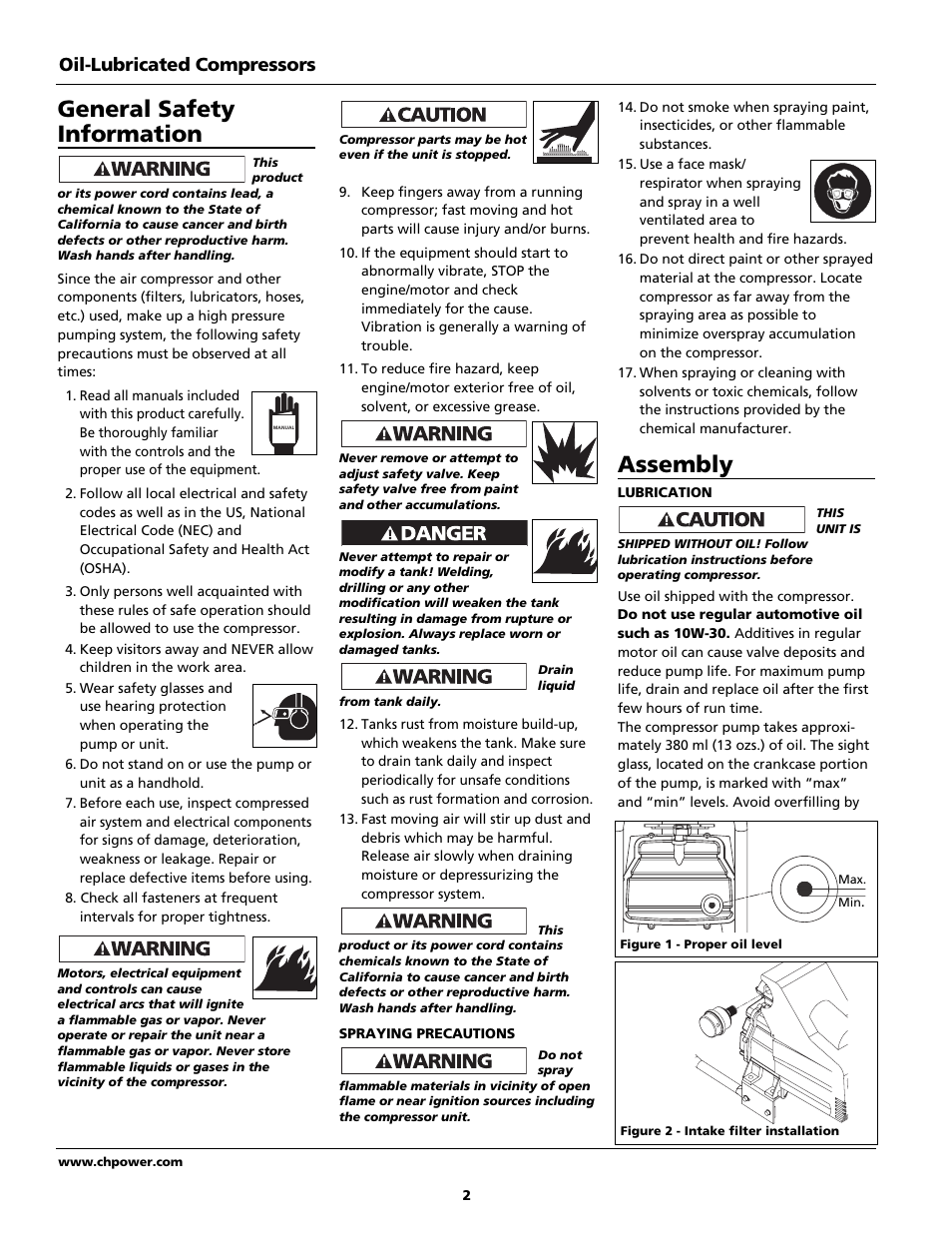 General safety information, Assembly, Oil-lubricated compressors | Campbell Hausfeld Air Compressor User Manual | Page 2 / 24