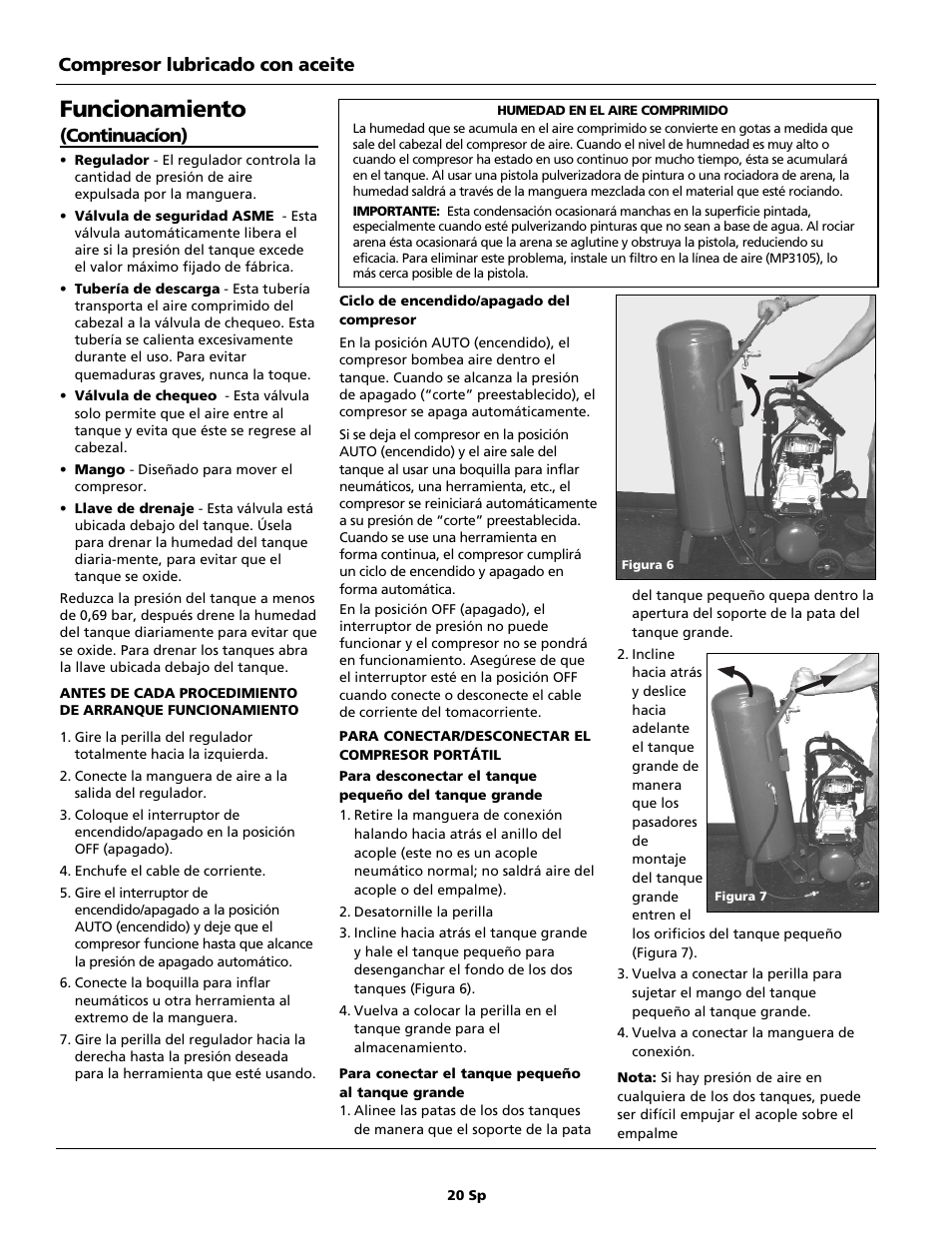 Funcionamiento, Continuacíon), Compresor lubricado con aceite | Campbell Hausfeld Air Compressor User Manual | Page 20 / 24