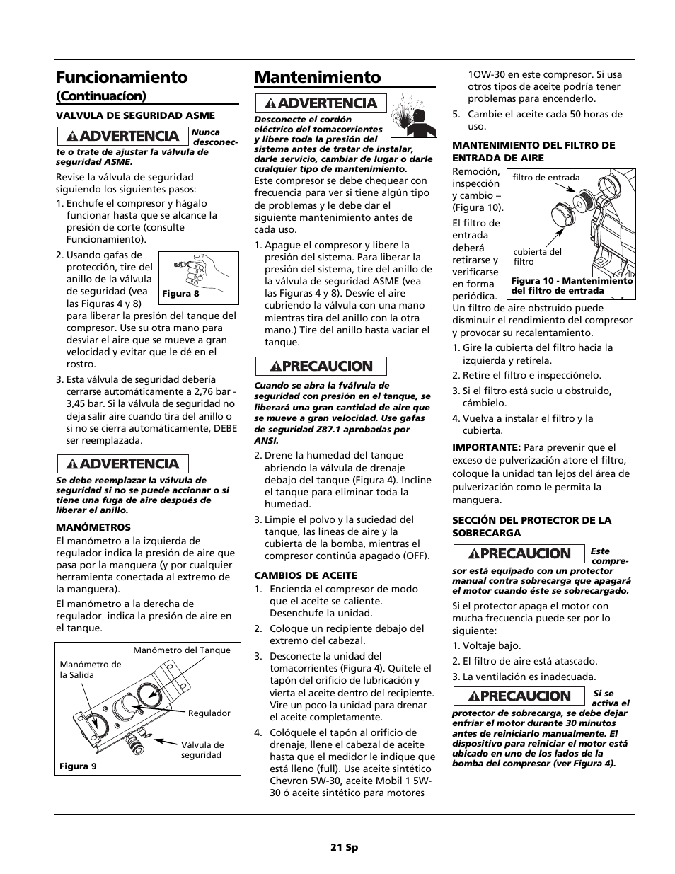 Funcionamiento, Mantenimiento, Continuacíon) | Campbell Hausfeld Air Compressor User Manual | Page 21 / 24