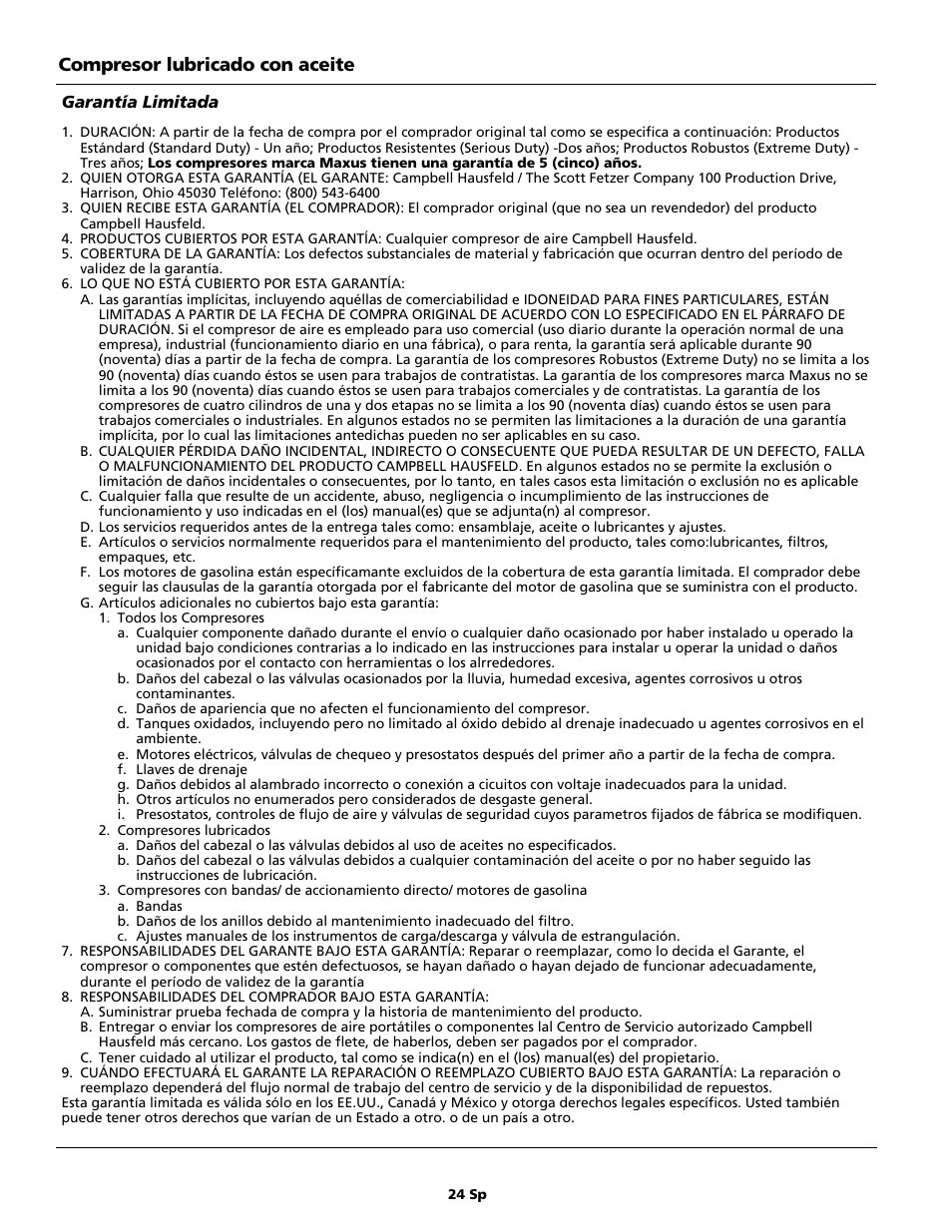 Compresor lubricado con aceite | Campbell Hausfeld Air Compressor User Manual | Page 24 / 24