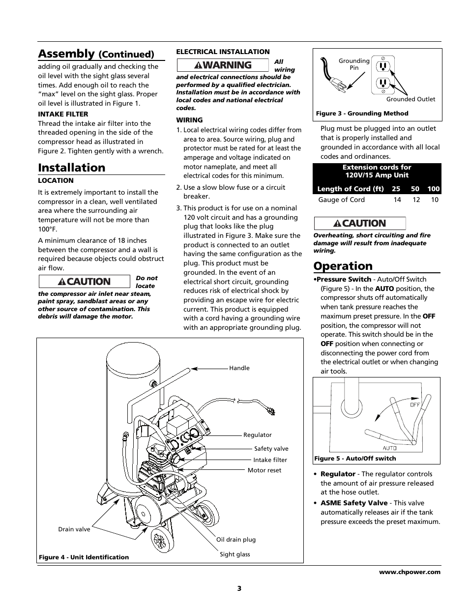Assembly, Installation, Operation | Continued) | Campbell Hausfeld Air Compressor User Manual | Page 3 / 24