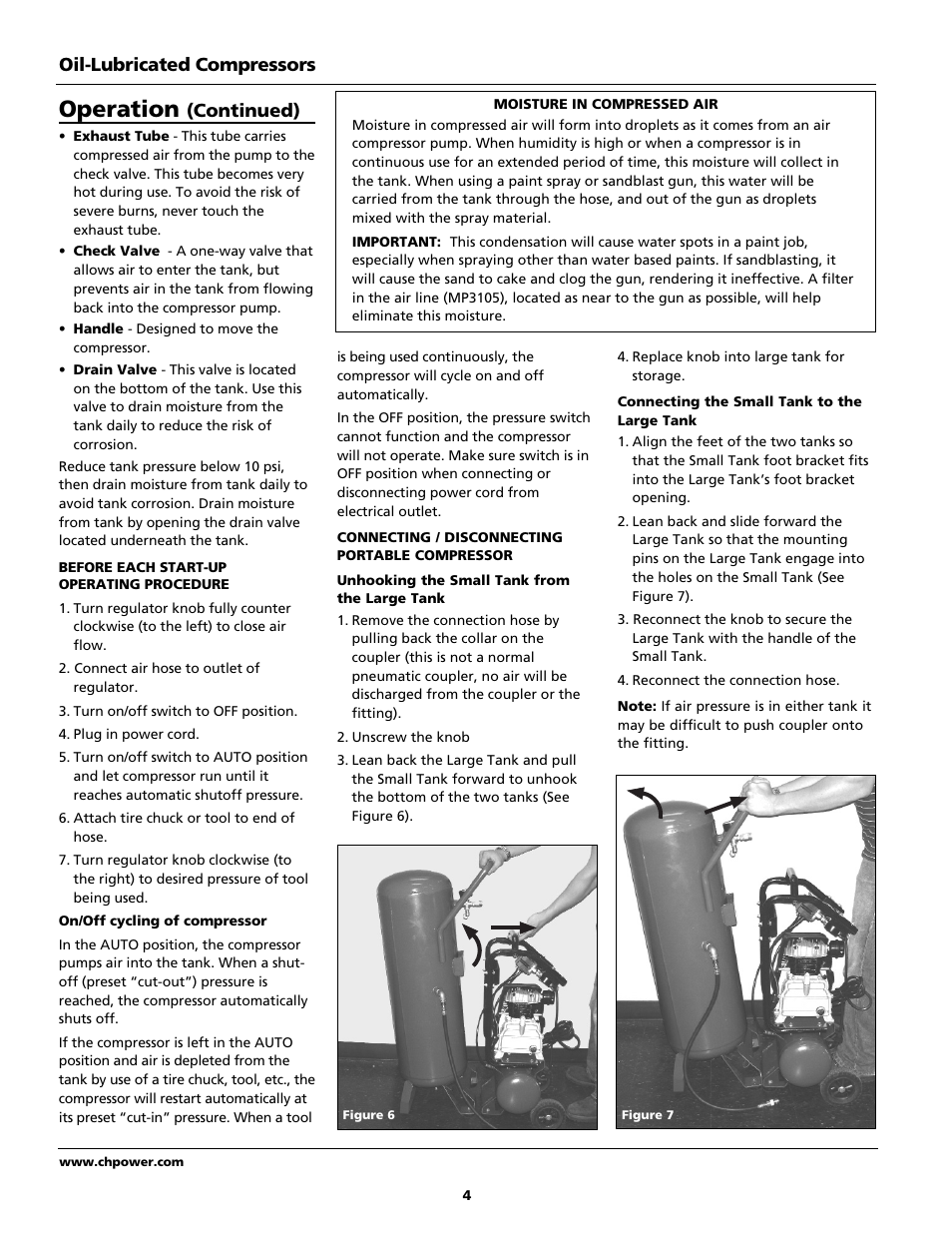 Operation, Continued), Oil-lubricated compressors | Campbell Hausfeld Air Compressor User Manual | Page 4 / 24