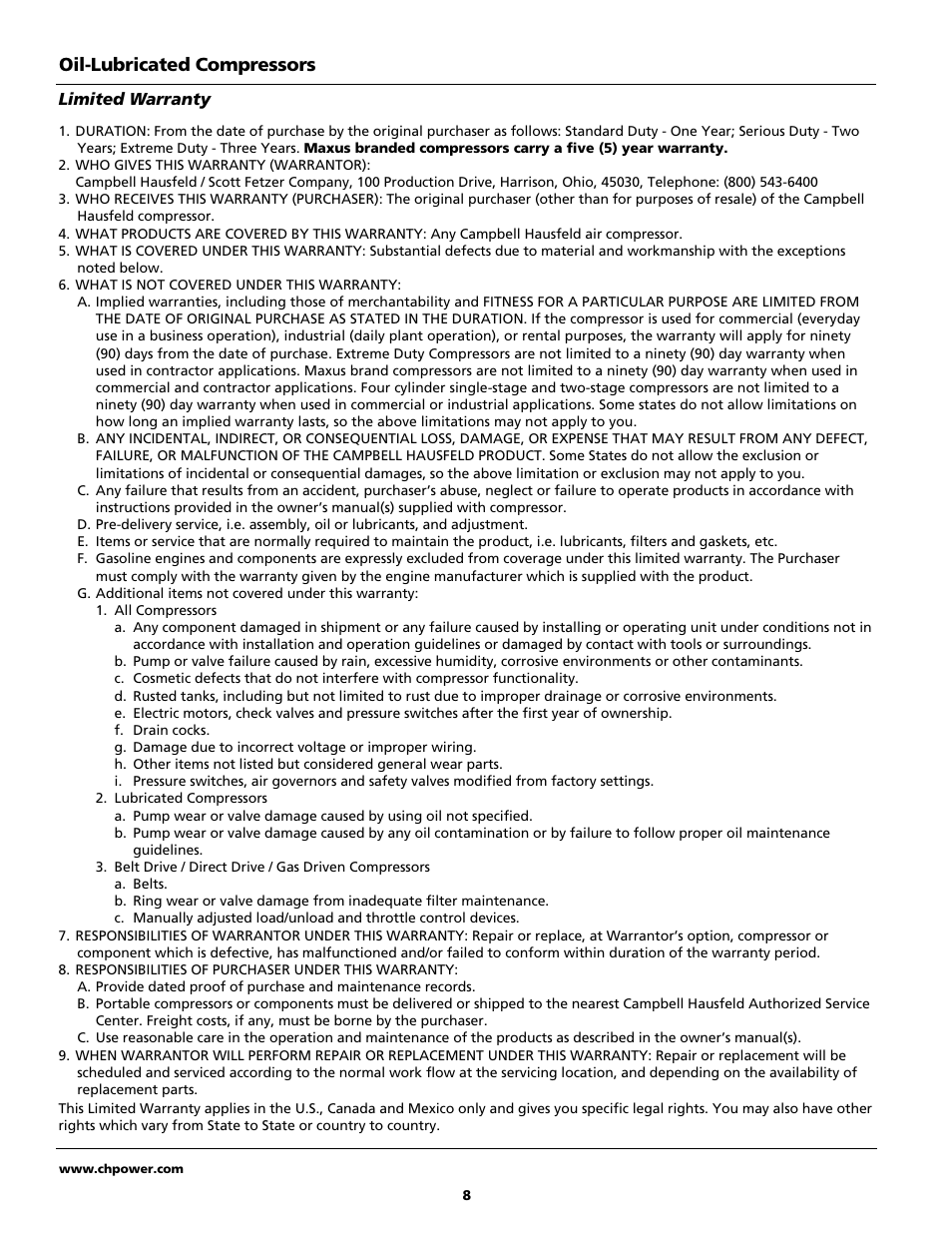 Oil-lubricated compressors | Campbell Hausfeld Air Compressor User Manual | Page 8 / 24