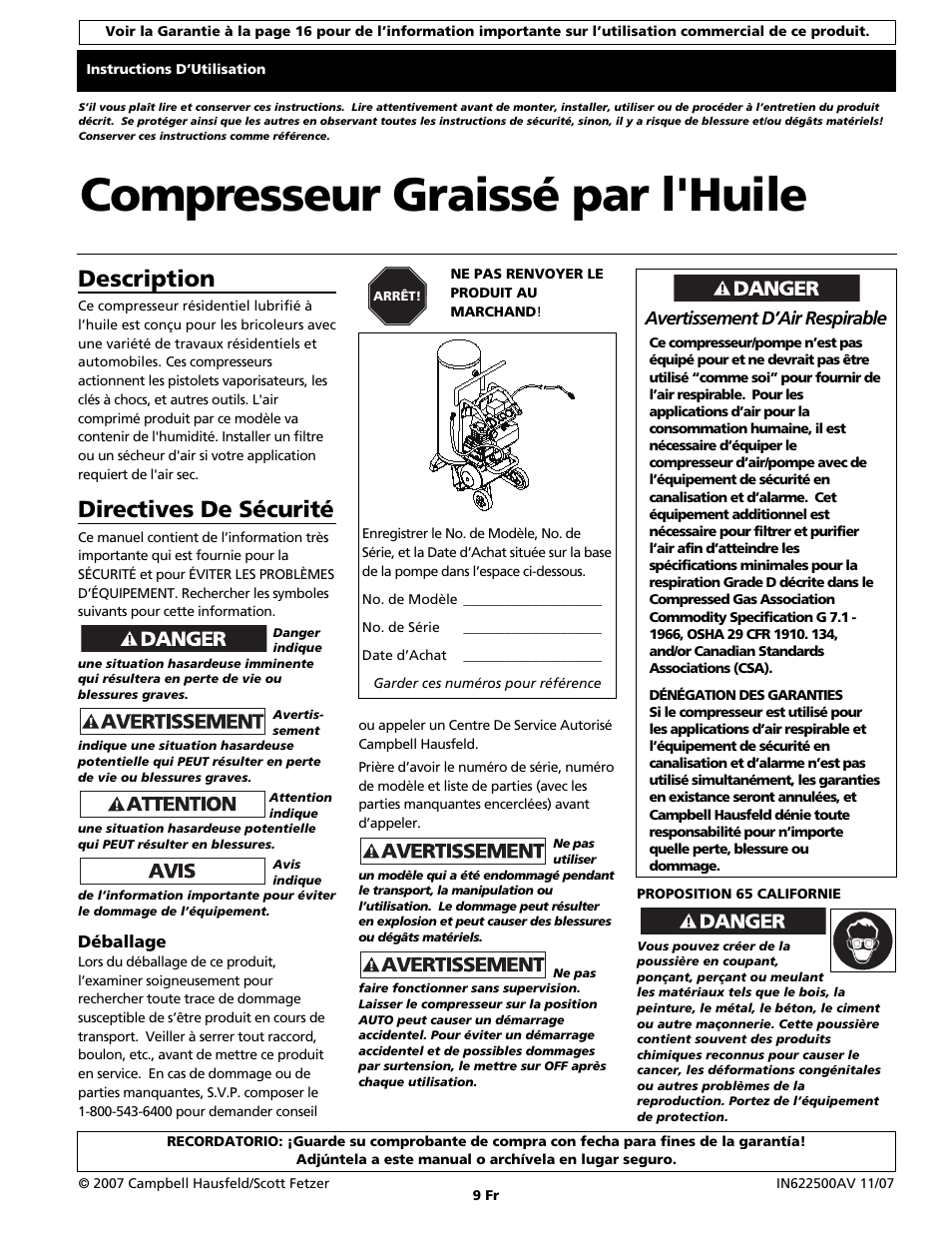 Compresseur graissé par l'huile, Description, Directives de sécurité | Campbell Hausfeld Air Compressor User Manual | Page 9 / 24