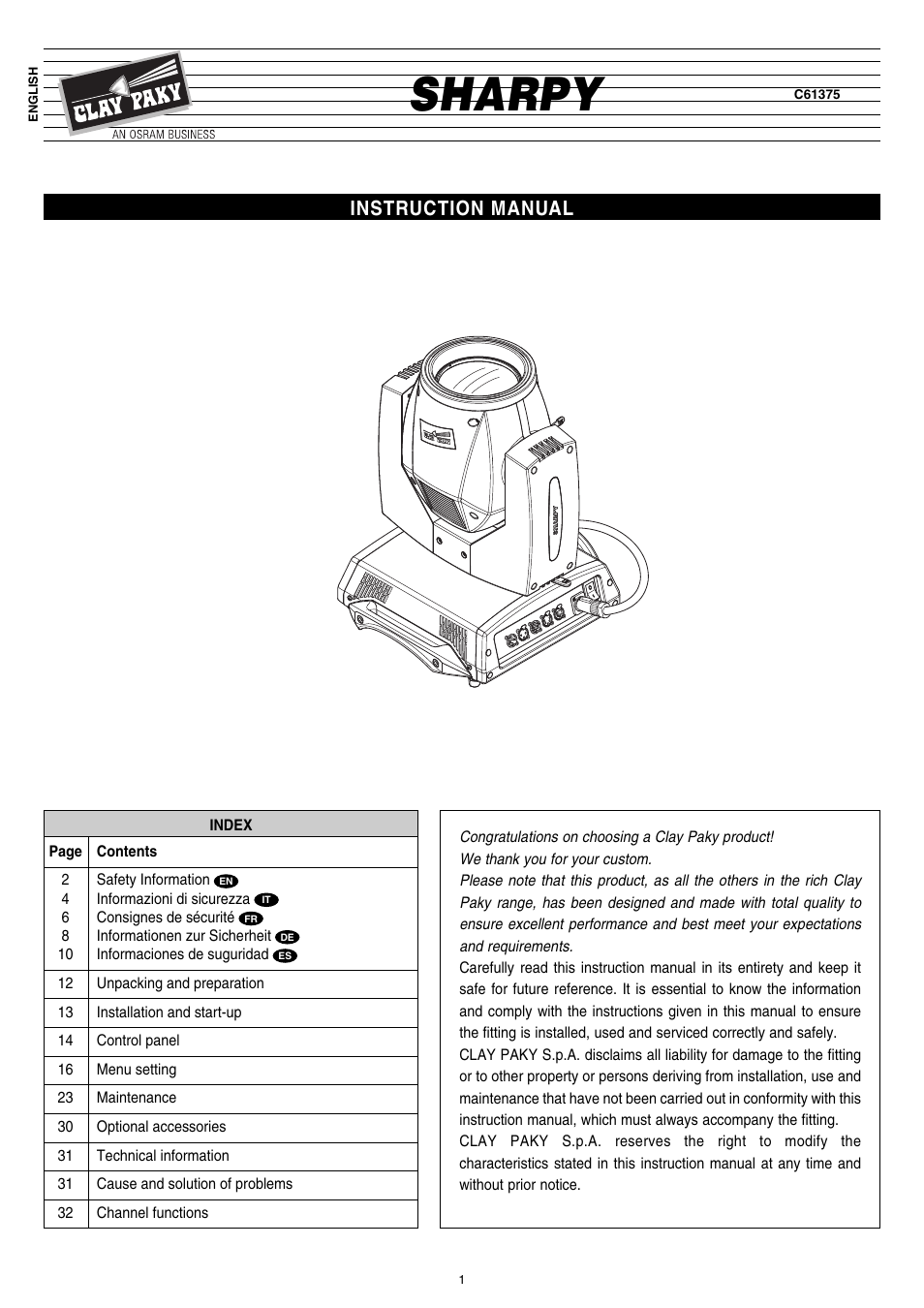 Clay Paky SHARPY User Manual | 36 pages