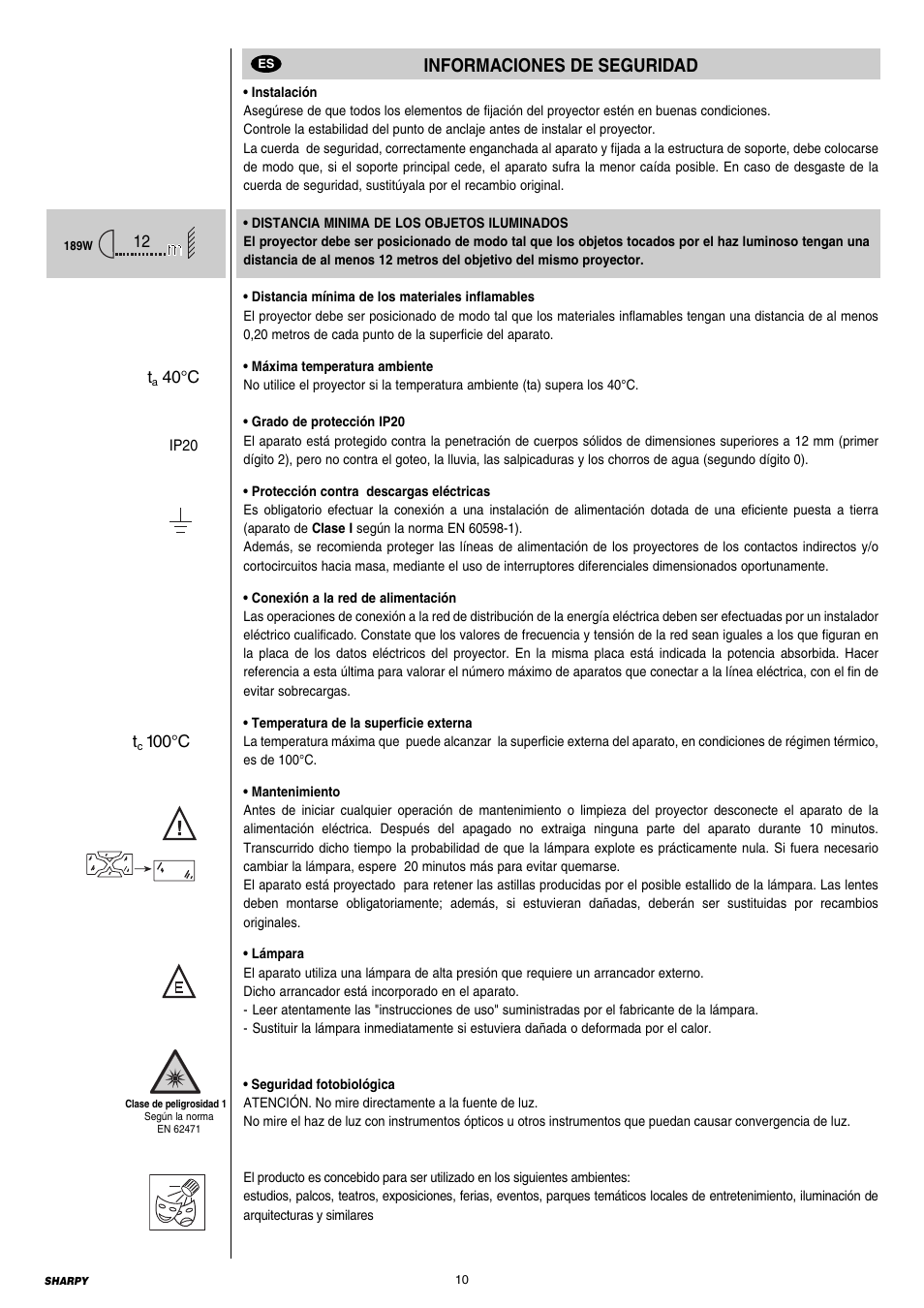 10 informaciones de suguridad, Informaciones de seguridad | Clay Paky SHARPY User Manual | Page 10 / 36