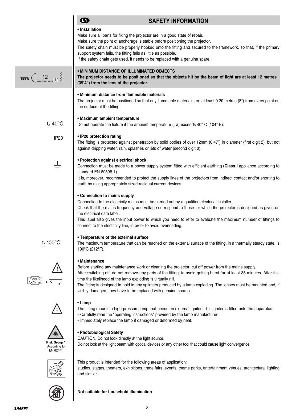 Safety information | Clay Paky SHARPY User Manual | Page 2 / 36