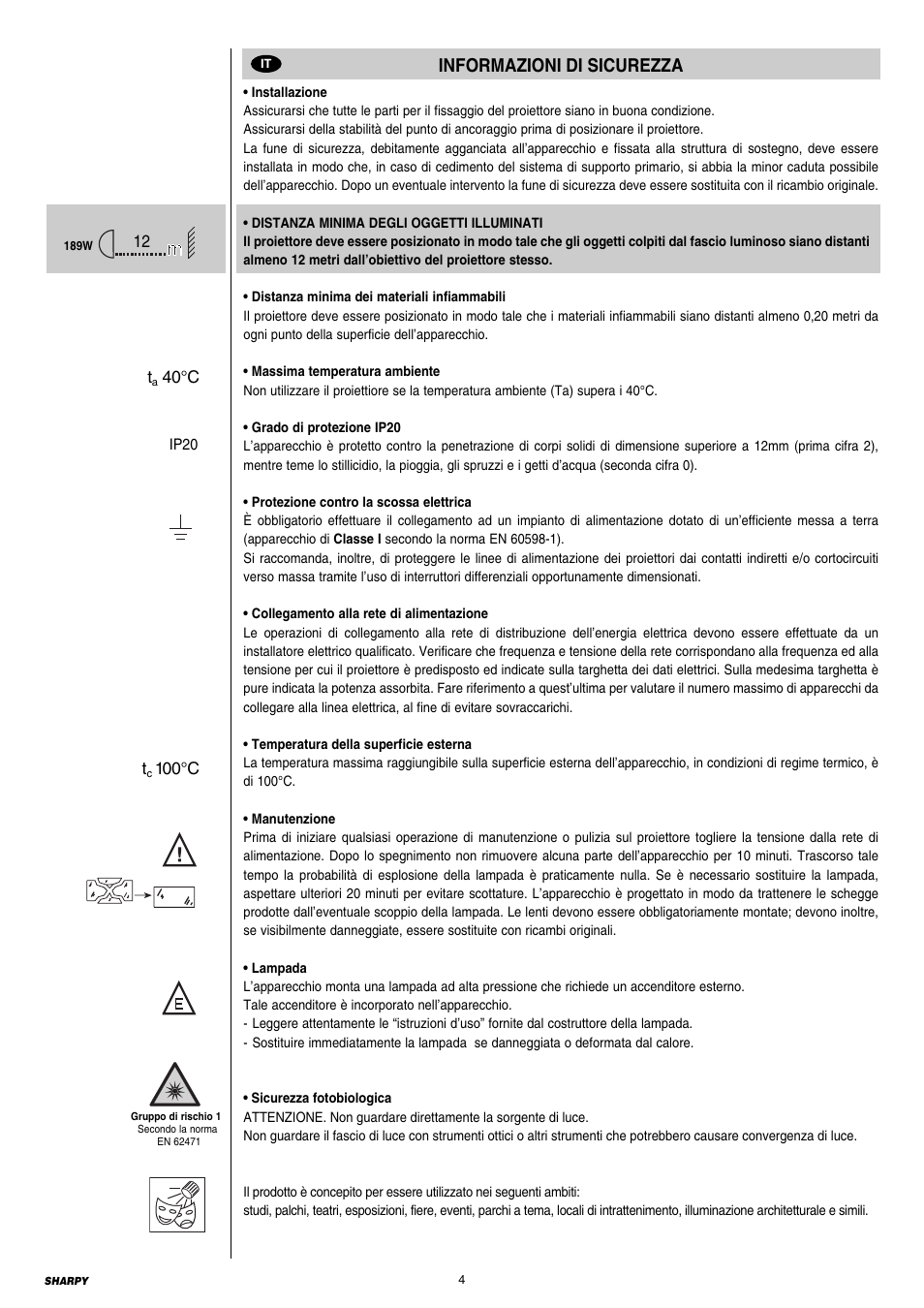 Informazioni di sicurezza | Clay Paky SHARPY User Manual | Page 4 / 36