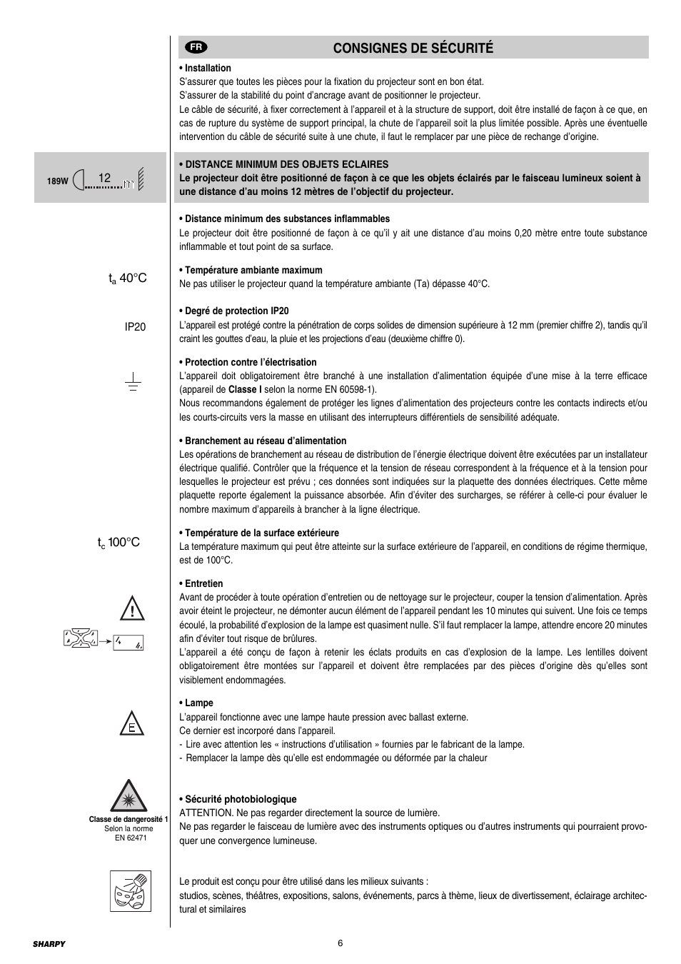 Consignes de sécurité | Clay Paky SHARPY User Manual | Page 6 / 36