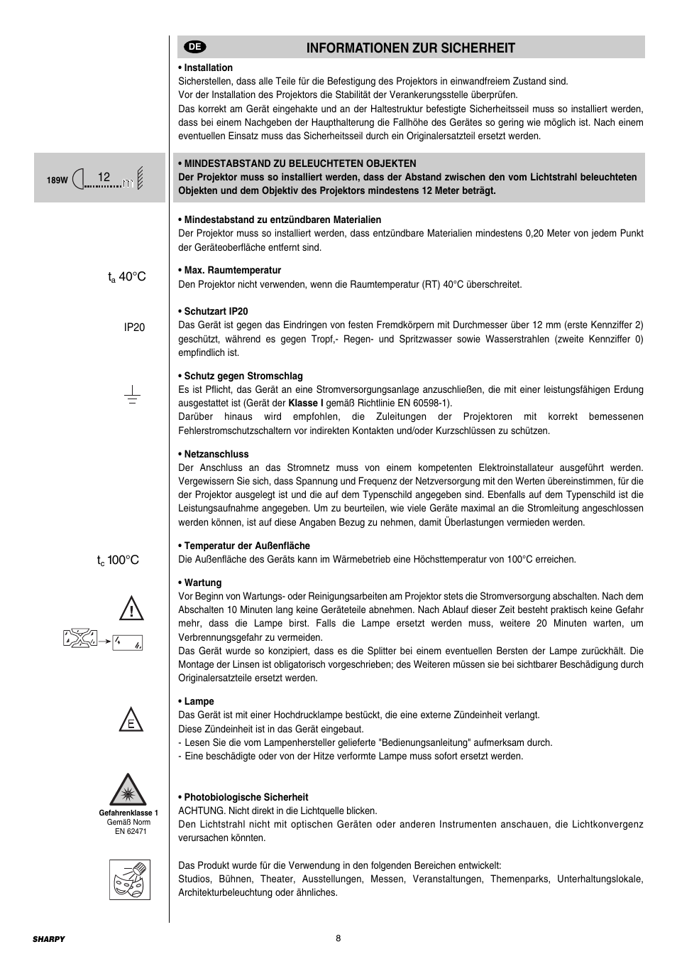Informationen zur sicherheit | Clay Paky SHARPY User Manual | Page 8 / 36