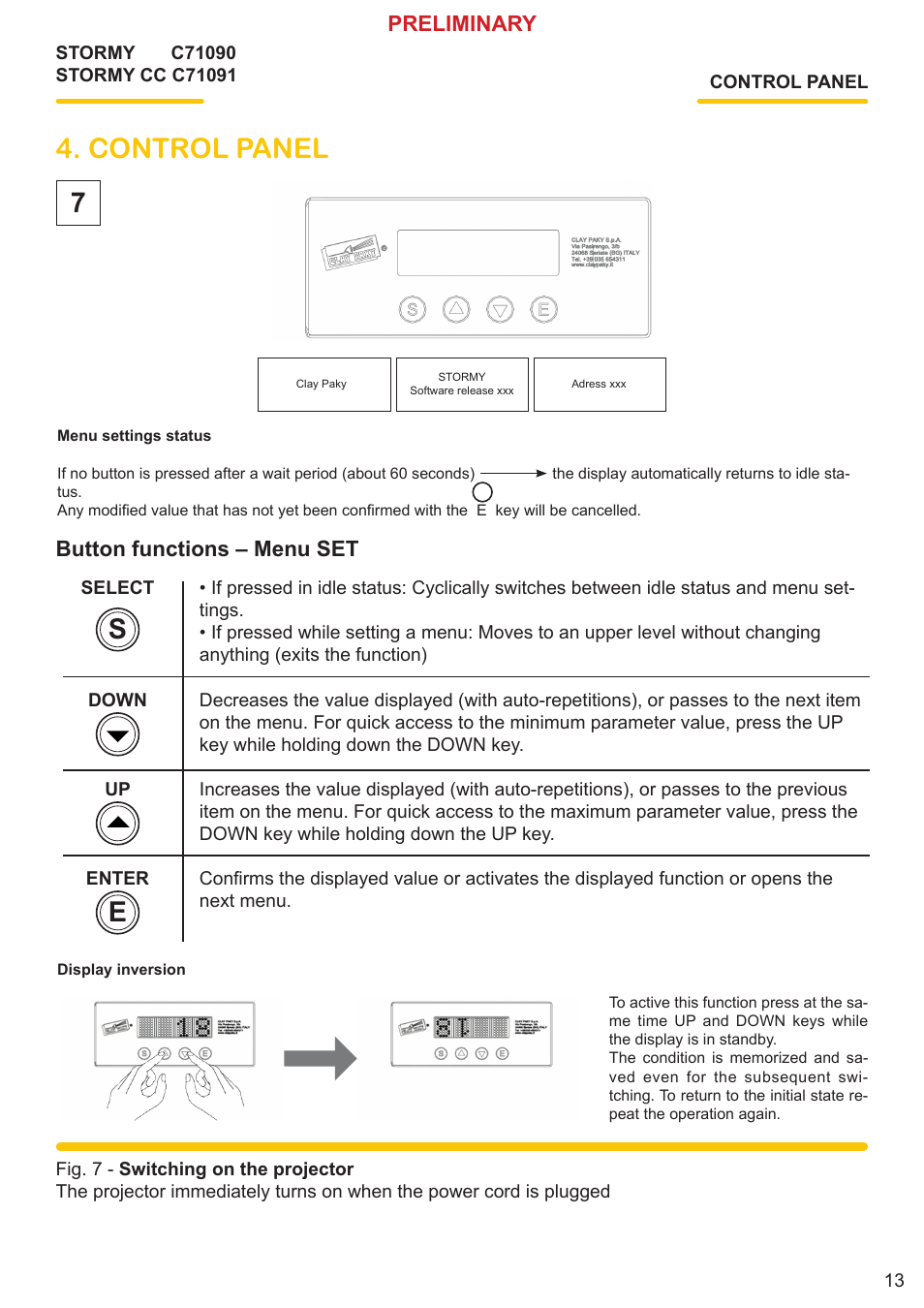 Control panel, Preliminary, Button functions – menu set | Clay Paky STORMY CC User Manual | Page 13 / 30