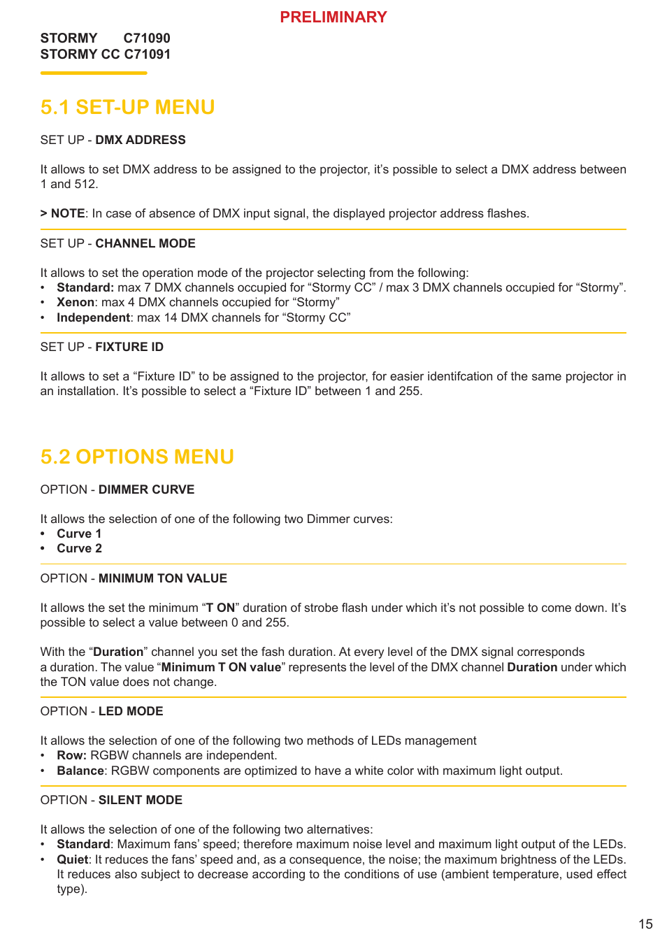 1 set-up menu, 2 options menu, Preliminary | Clay Paky STORMY CC User Manual | Page 15 / 30