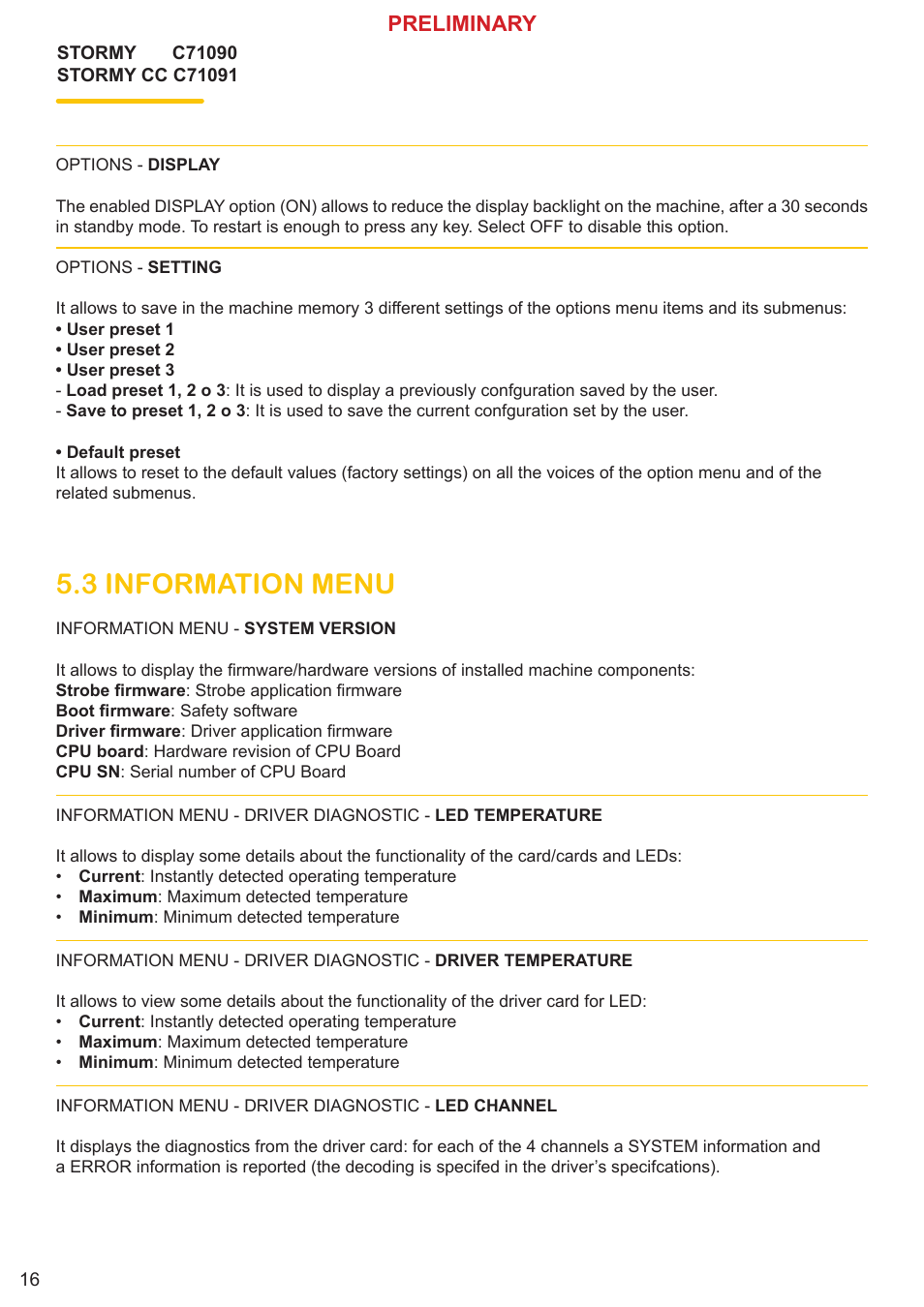 3 information menu, Preliminary | Clay Paky STORMY CC User Manual | Page 16 / 30