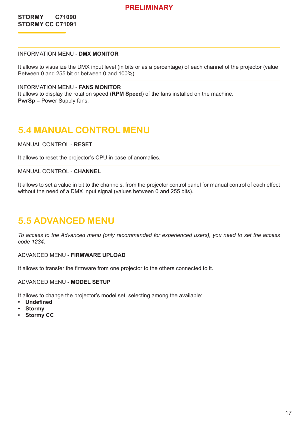 4 manual control menu, 5 advanced menu, Preliminary | Clay Paky STORMY CC User Manual | Page 17 / 30