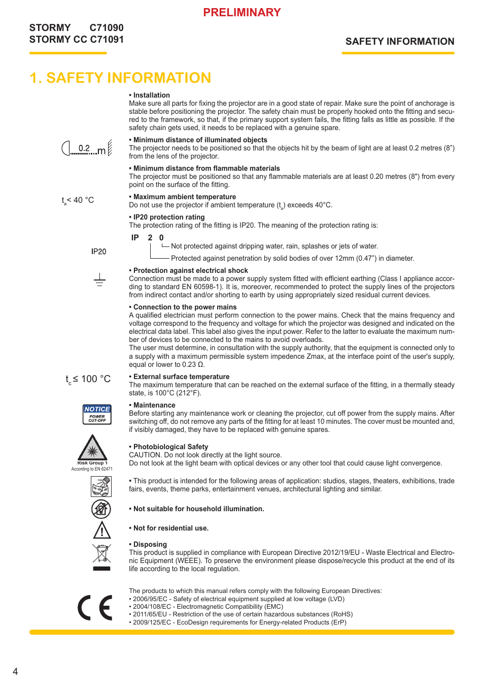 Safety information, Preliminary, 100 °c | Clay Paky STORMY CC User Manual | Page 4 / 30