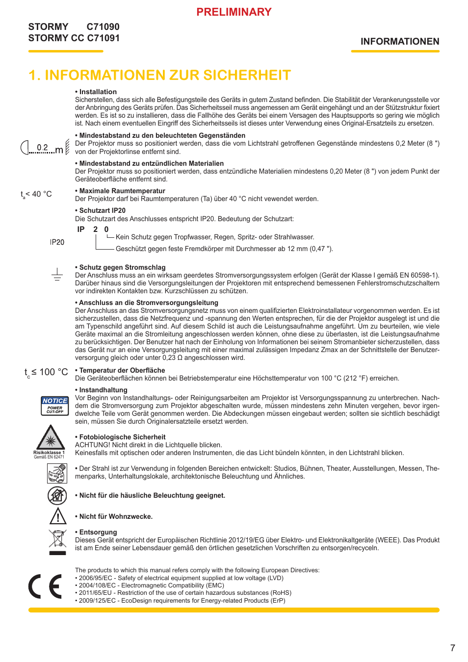 Informationen zur sicherheit, Preliminary, 100 °c | Clay Paky STORMY CC User Manual | Page 7 / 30