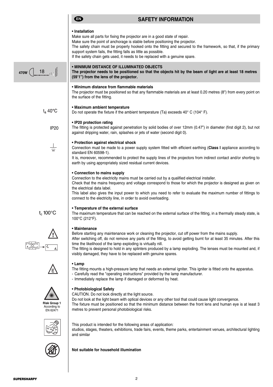 2 safety information, Safety information | Clay Paky SUPERSHARPY User Manual | Page 2 / 44