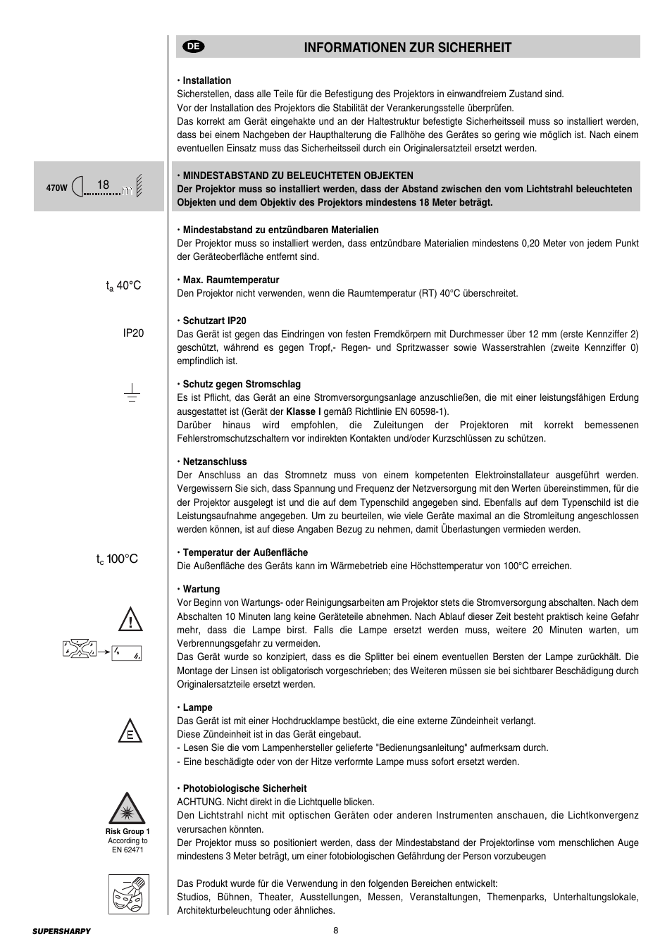 8 informationen zur sicherheit, Informationen zur sicherheit | Clay Paky SUPERSHARPY User Manual | Page 8 / 44
