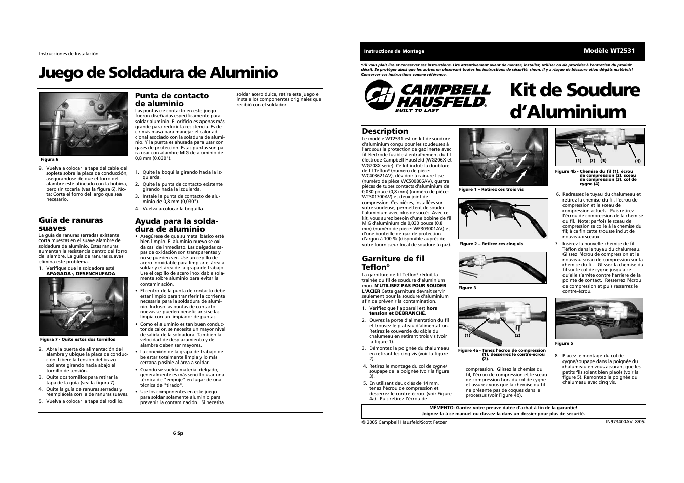 Kit de soudure d’aluminium, Juego de soldadura de aluminio, Guía de ranuras suaves | Punta de contacto de aluminio, Ayuda para la solda- dura de aluminio, Description, Garniture de fil teflon | Campbell Hausfeld WT2531 User Manual | Page 3 / 4