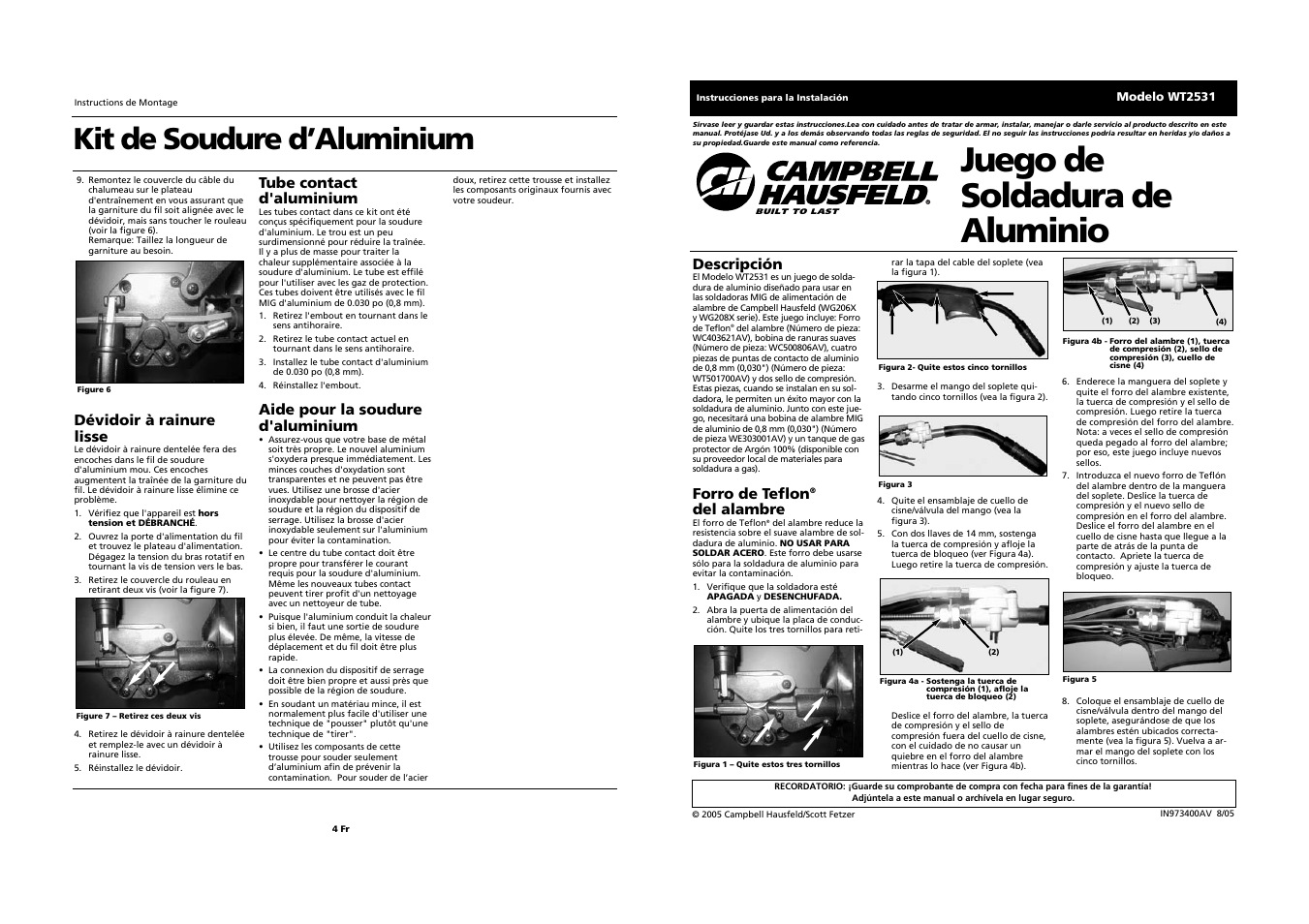 Juego de soldadura de aluminio, Kit de soudure d’aluminium, Descripción | Forro de teflon, Del alambre, Dévidoir à rainure lisse, Tube contact d'aluminium, Aide pour la soudure d'aluminium | Campbell Hausfeld WT2531 User Manual | Page 4 / 4