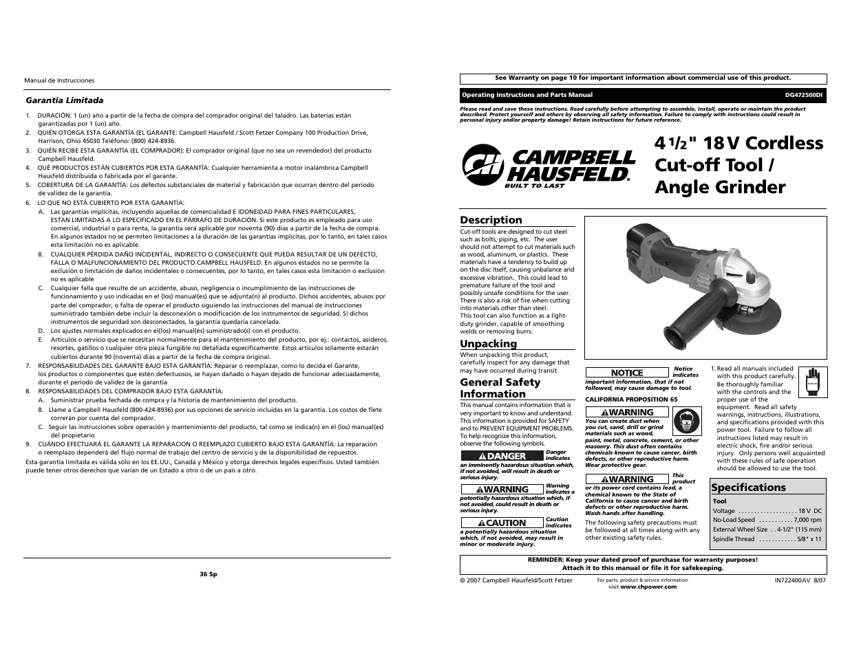 Campbell Hausfeld DG472500DI User Manual | 18 pages