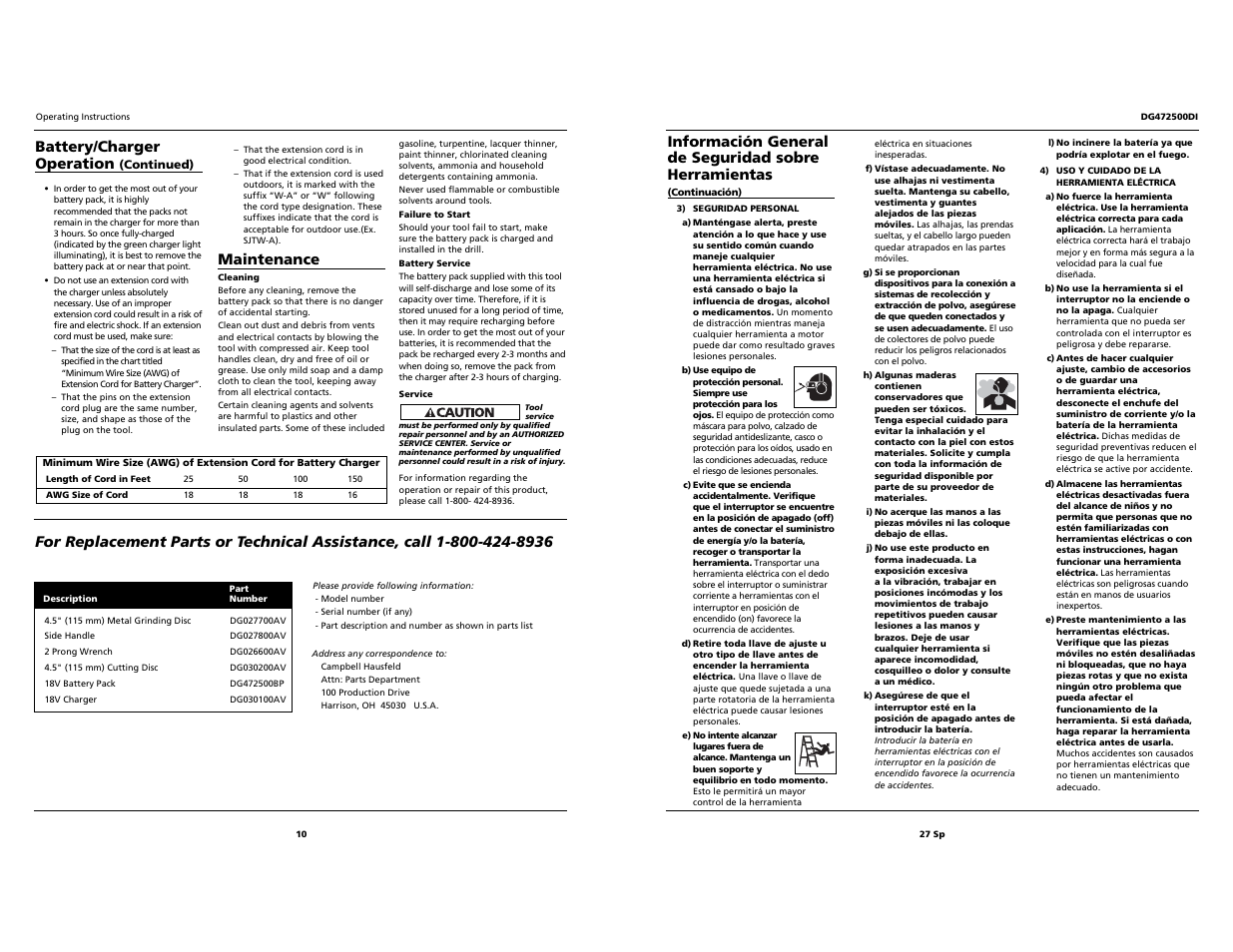 Maintenance, Battery/charger operation | Campbell Hausfeld DG472500DI User Manual | Page 10 / 18