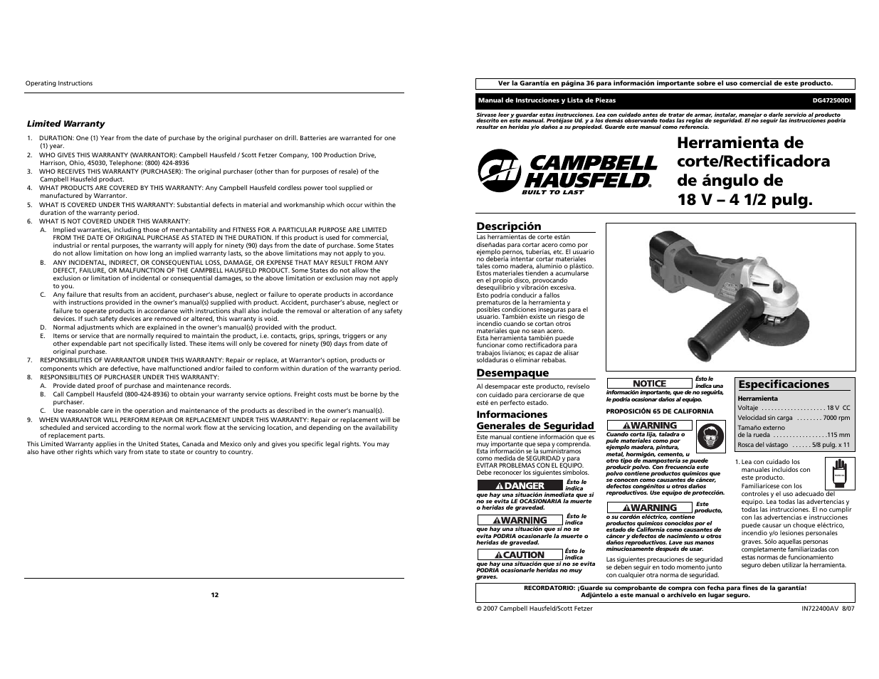 Descripción, Desempaque, Especificaciones | Campbell Hausfeld DG472500DI User Manual | Page 12 / 18