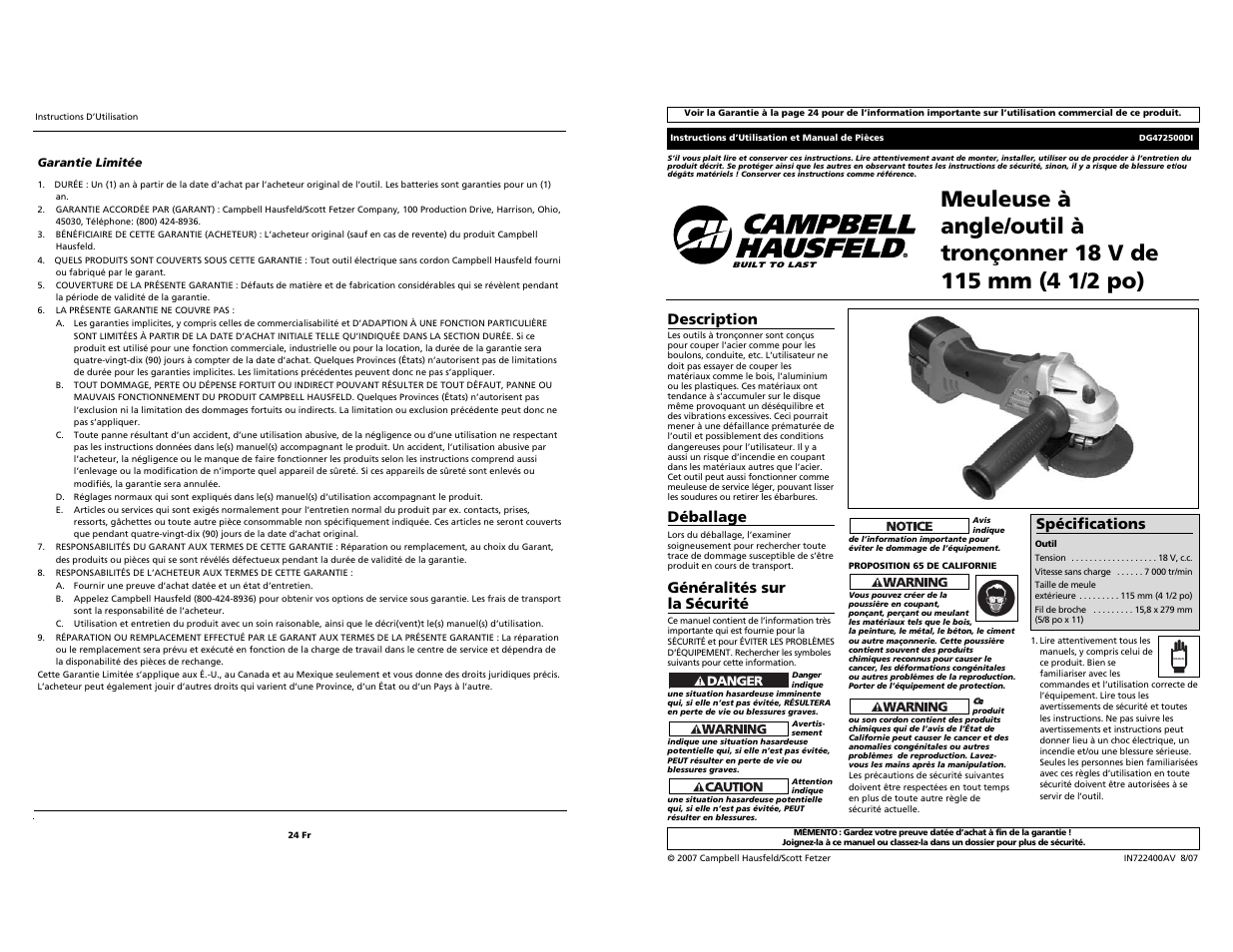 Description, Déballage, Généralités sur la sécurité | Spécifications | Campbell Hausfeld DG472500DI User Manual | Page 13 / 18