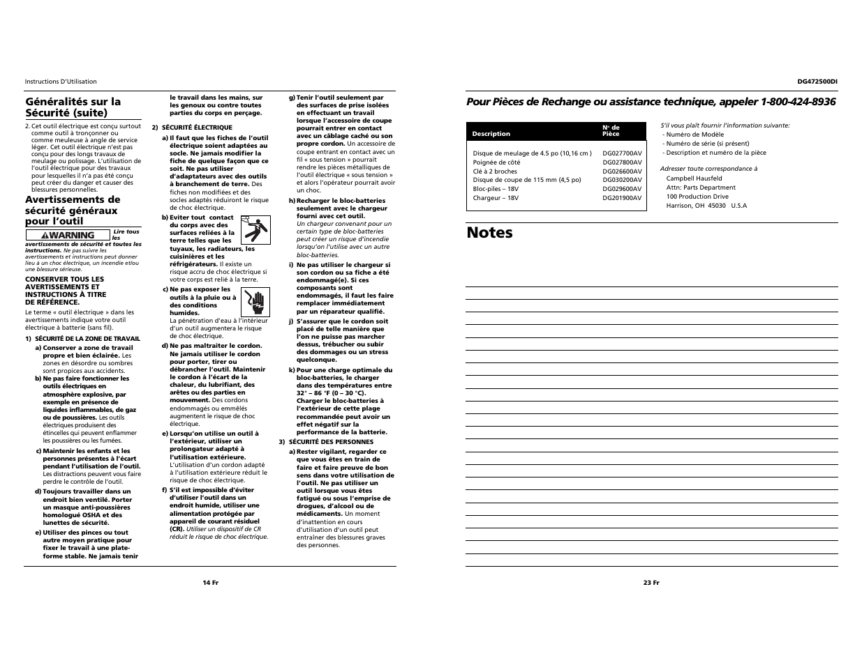 Généralités sur la sécurité (suite) | Campbell Hausfeld DG472500DI User Manual | Page 14 / 18