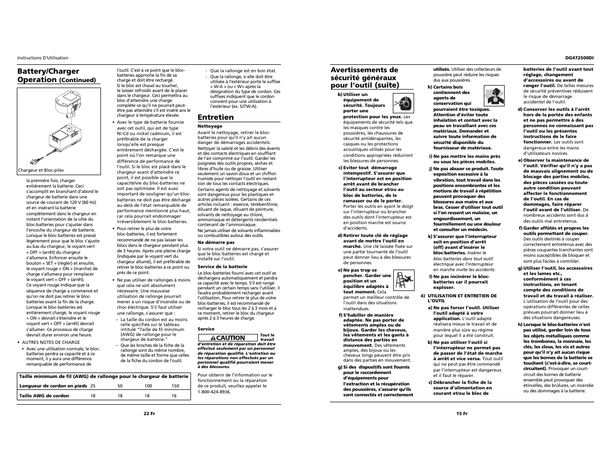 Entretien, Battery/charger operation, Suite) | Campbell Hausfeld DG472500DI User Manual | Page 15 / 18
