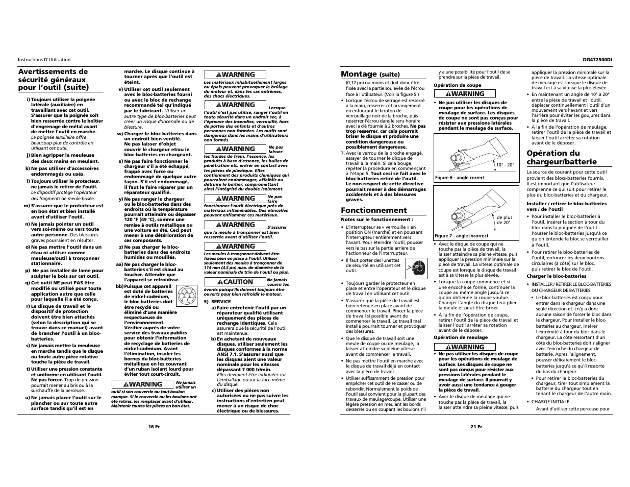 Fonctionnement, Opération du chargeur/batterie, Montage | Suite) | Campbell Hausfeld DG472500DI User Manual | Page 16 / 18