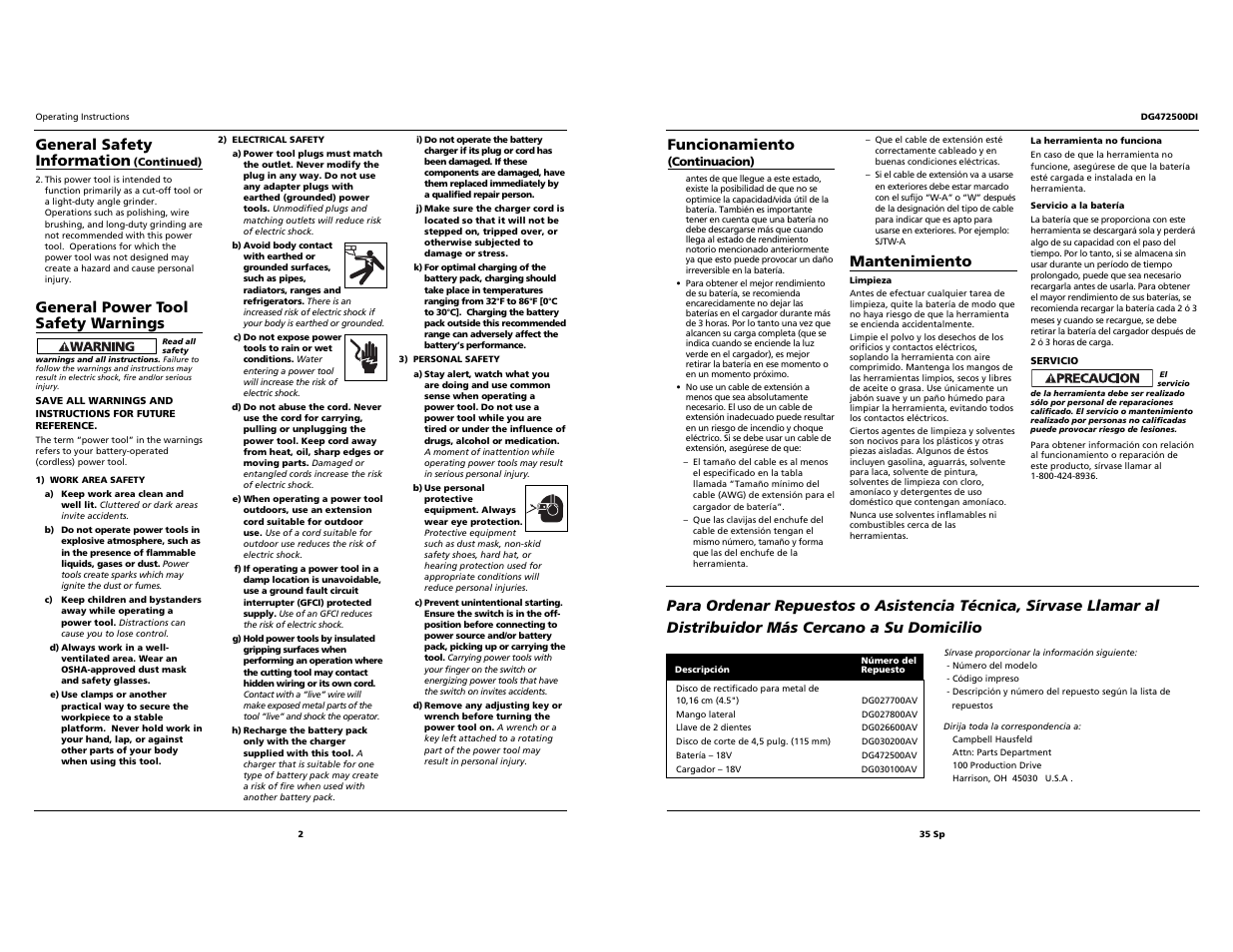 General power tool safety warnings, Mantenimiento, General safety information | Funcionamiento | Campbell Hausfeld DG472500DI User Manual | Page 2 / 18