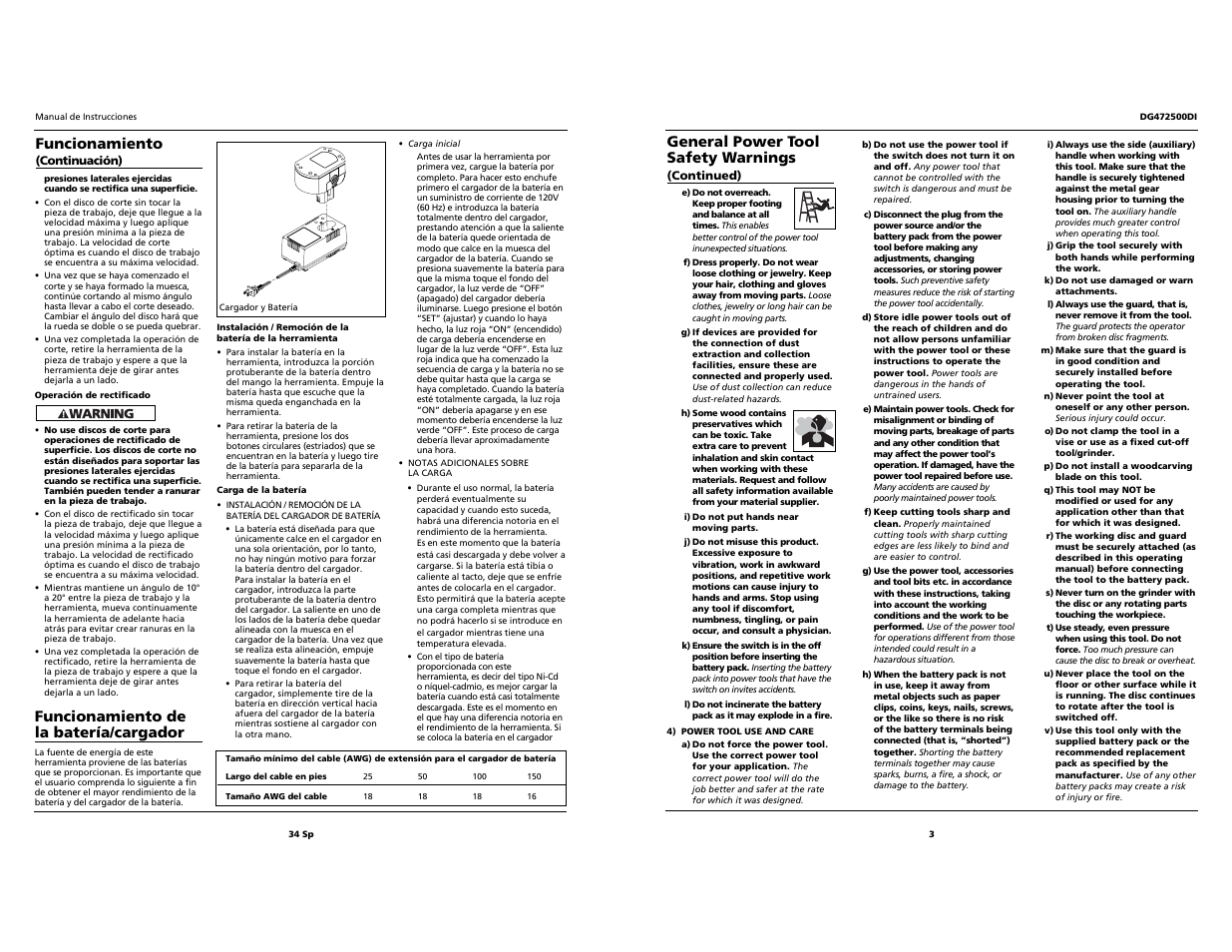 General power tool safety warnings, Funcionamiento de la batería/cargador, Funcionamiento | Campbell Hausfeld DG472500DI User Manual | Page 3 / 18