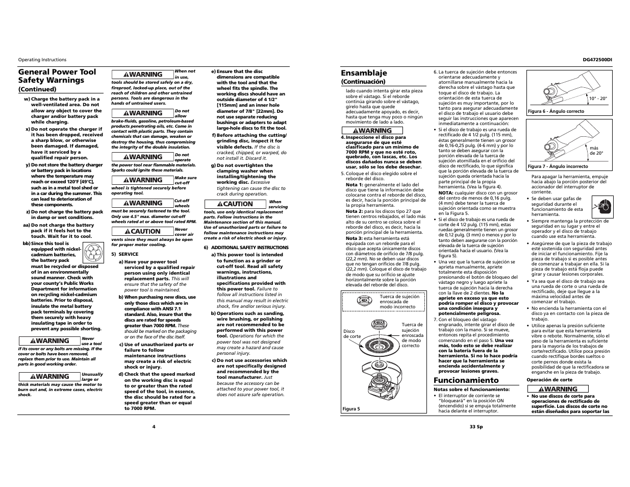General power tool safety warnings, Funcionamiento, Ensamblaje | Campbell Hausfeld DG472500DI User Manual | Page 4 / 18