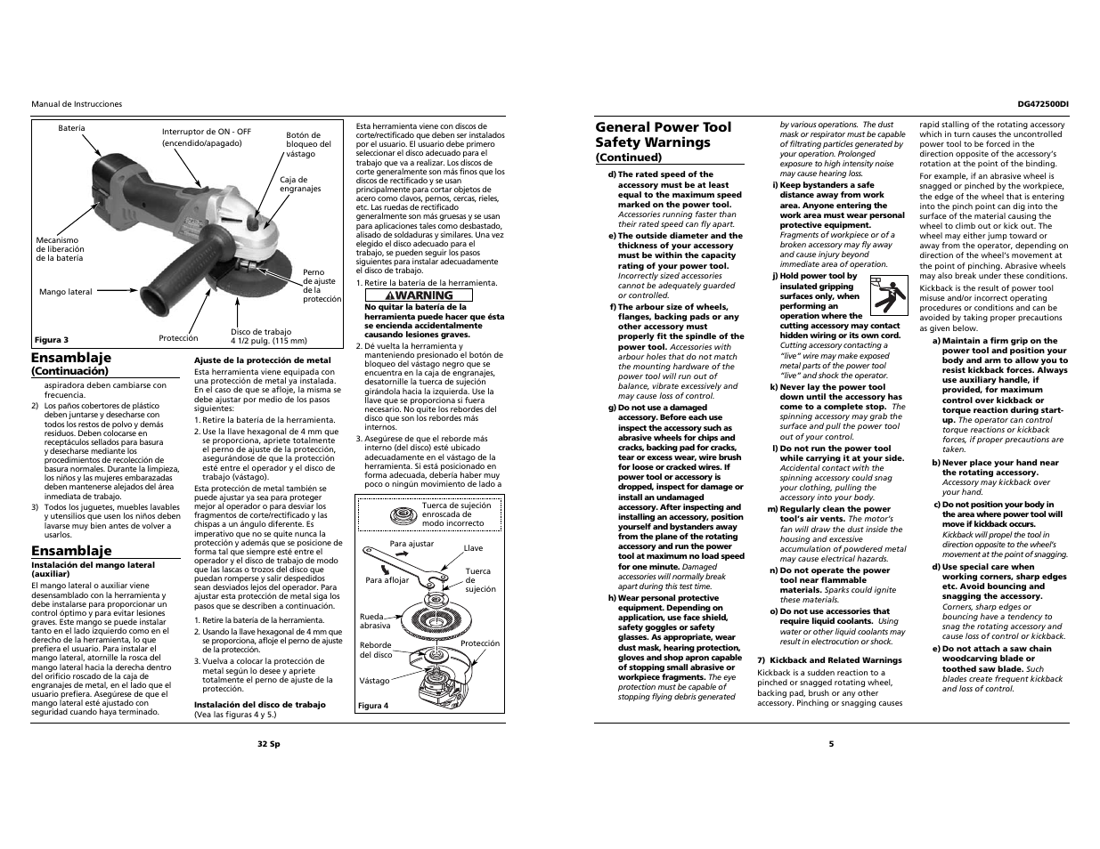 General power tool safety warnings, Ensamblaje | Campbell Hausfeld DG472500DI User Manual | Page 5 / 18