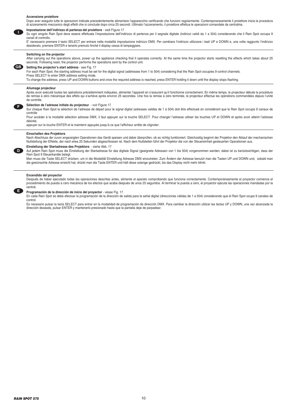 Clay Paky RAIN SPOT 575 User Manual | Page 10 / 24