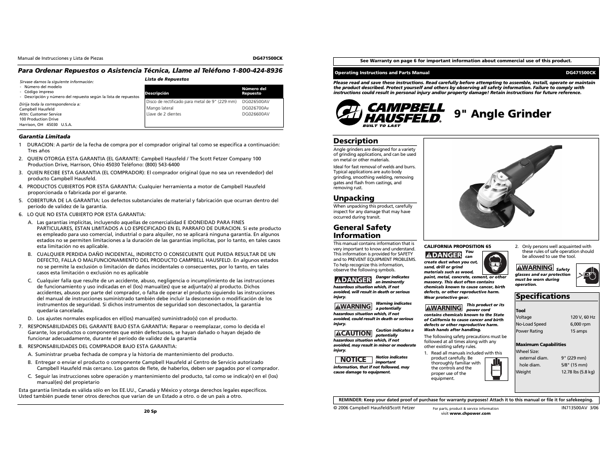 Campbell Hausfeld DG471500CK User Manual | 10 pages