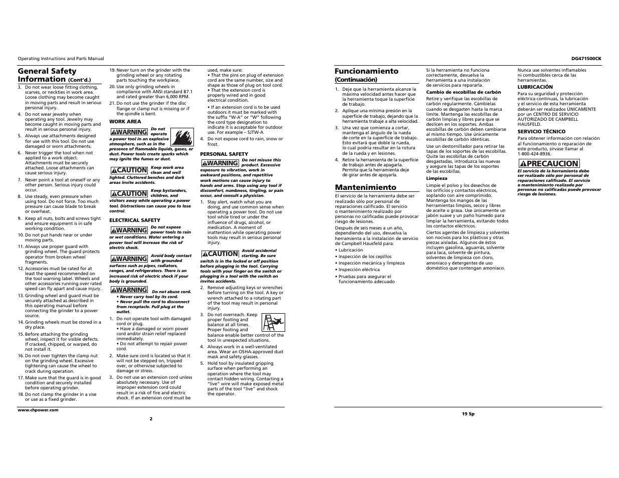 Precaucion, Mantenimiento, General safety information | Funcionamiento | Campbell Hausfeld DG471500CK User Manual | Page 2 / 10