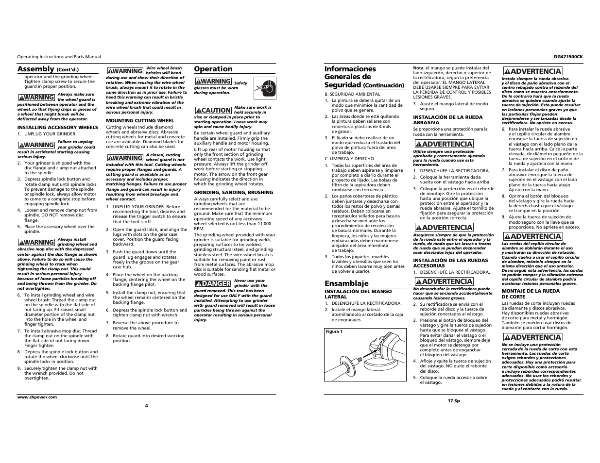 Ensamblaje, Advertencia, Assembly | Operation, Informaciones generales de seguridad | Campbell Hausfeld DG471500CK User Manual | Page 4 / 10