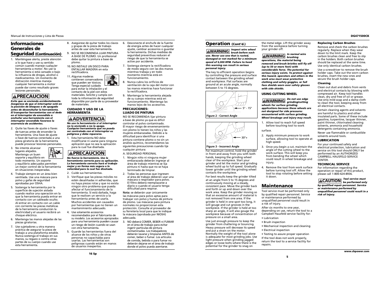 Precaucion, Advertencia, Operation | Maintenance, Informaciones generales de seguridad | Campbell Hausfeld DG471500CK User Manual | Page 5 / 10