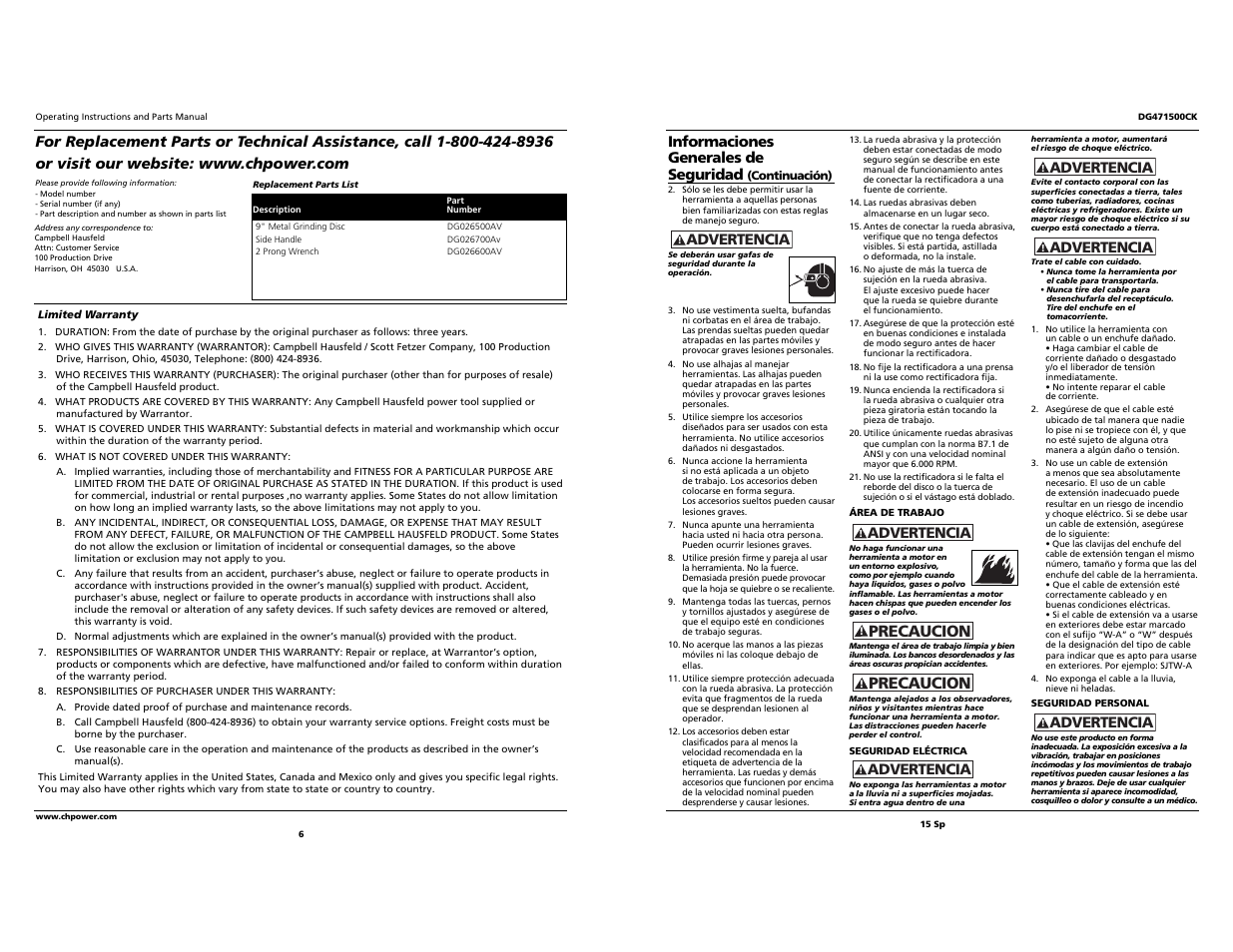 Precaucion, Informaciones generales de seguridad, Advertencia | Campbell Hausfeld DG471500CK User Manual | Page 6 / 10