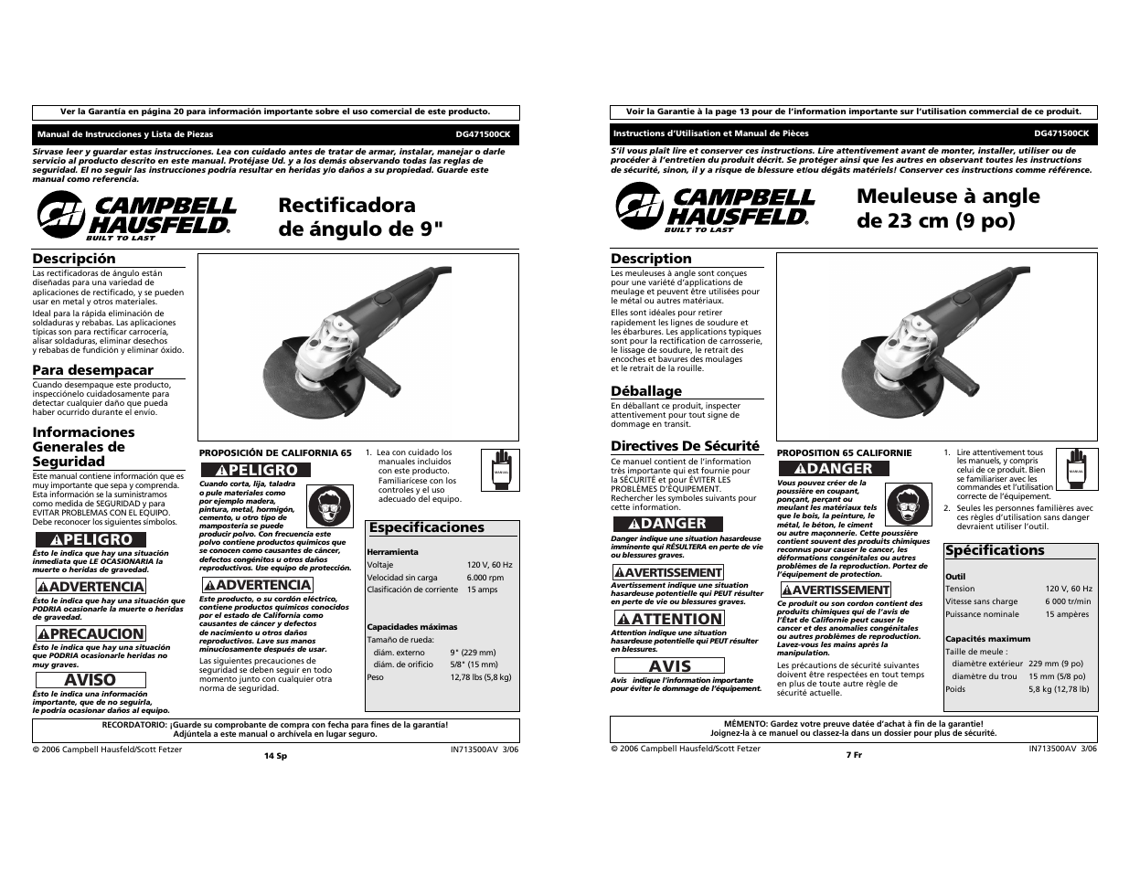 Rectificadora de ángulo de 9, Meuleuse à angle de 23 cm (9 po), Aviso | Peligro, Avis, Attention, Precaucion, Danger | Campbell Hausfeld DG471500CK User Manual | Page 7 / 10