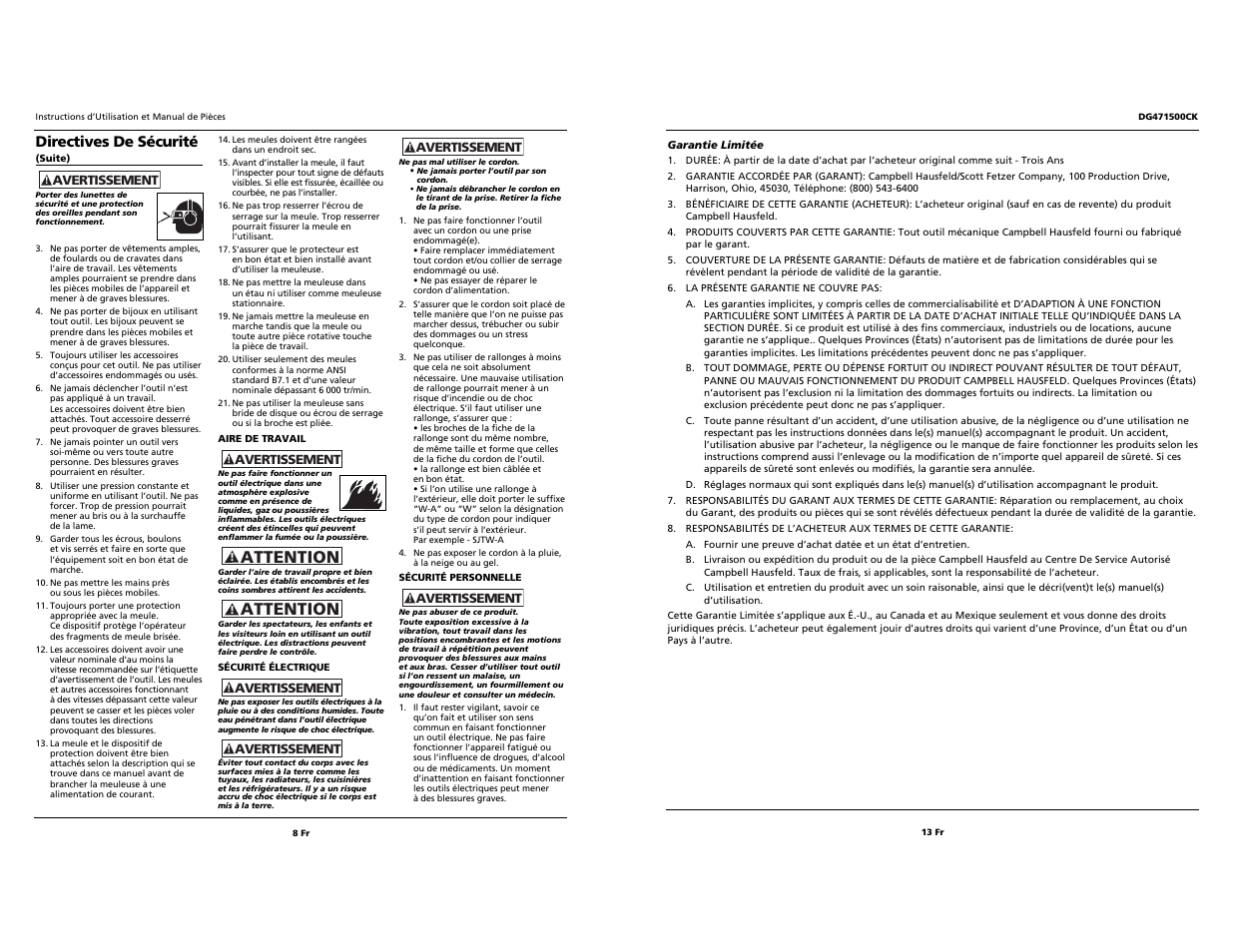 Attention, Directives de sécurité | Campbell Hausfeld DG471500CK User Manual | Page 8 / 10