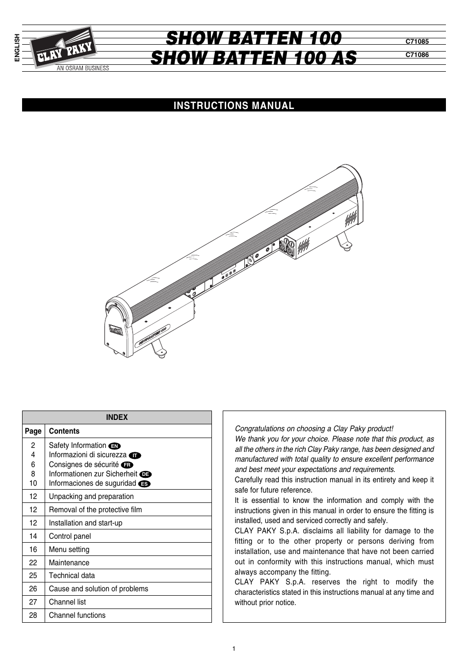 Clay Paky SHOW BATTEN 100 AS User Manual | 32 pages