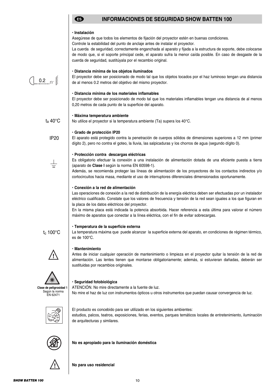 Informaciones de suguridad, Informaciones de seguridad show batten 100 | Clay Paky SHOW BATTEN 100 AS User Manual | Page 10 / 32