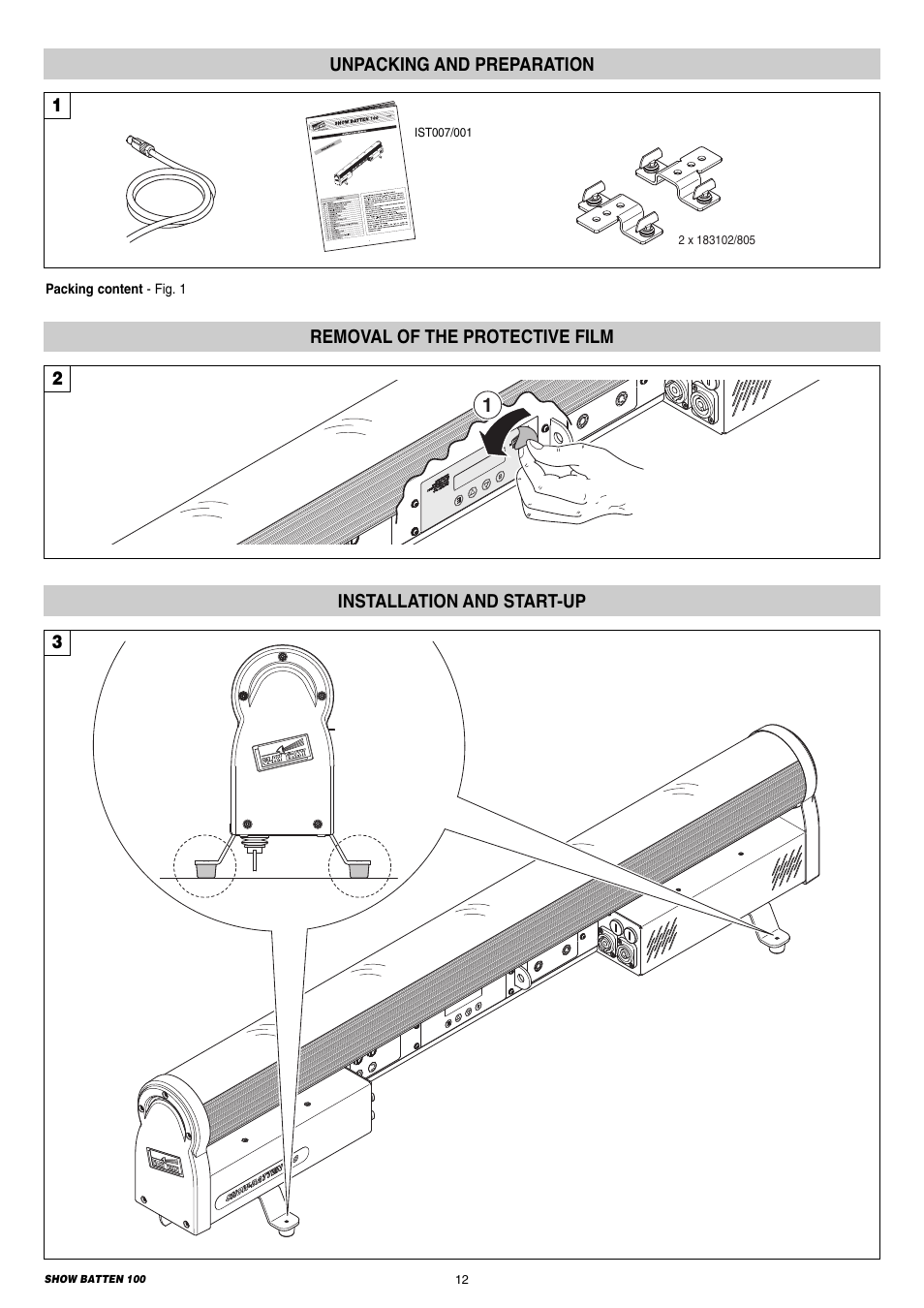 Unpacking and preparation, Removal of the protective film, Installation and start-up | Clay Paky SHOW BATTEN 100 AS User Manual | Page 12 / 32