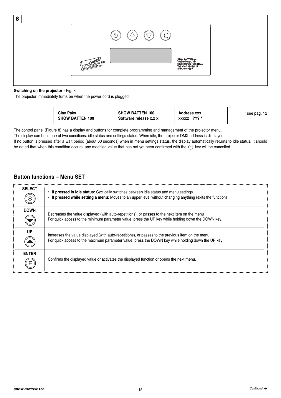 Button functions – menu set | Clay Paky SHOW BATTEN 100 AS User Manual | Page 15 / 32